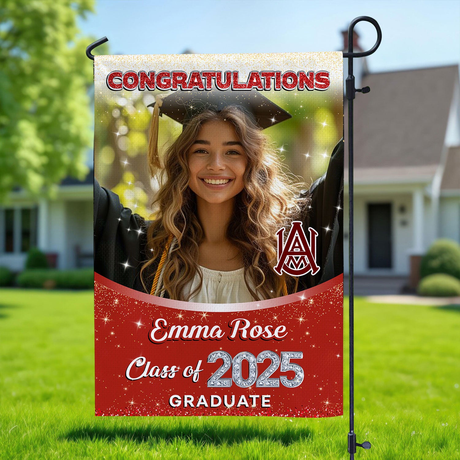 Glitter Congrats Graduation 2025 - Custom Name Class Of 2025 With Photo – Graduation Garden Flag & Party Decor