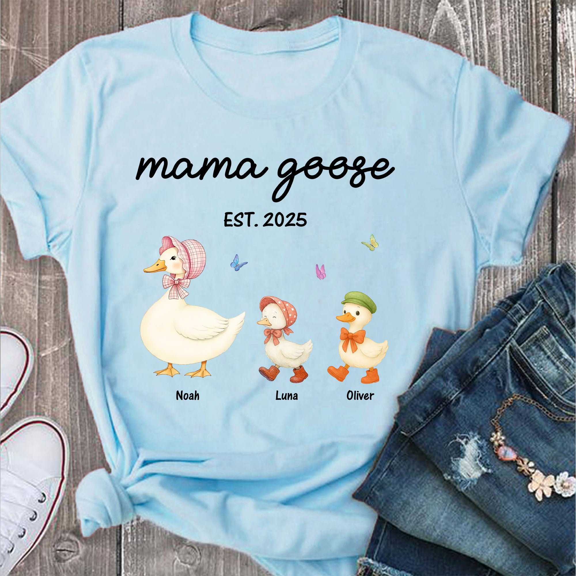 Grandma Goose Mama Goose And Kids - Custom Name Shirt - Personalized Shirt Custom T-shirt