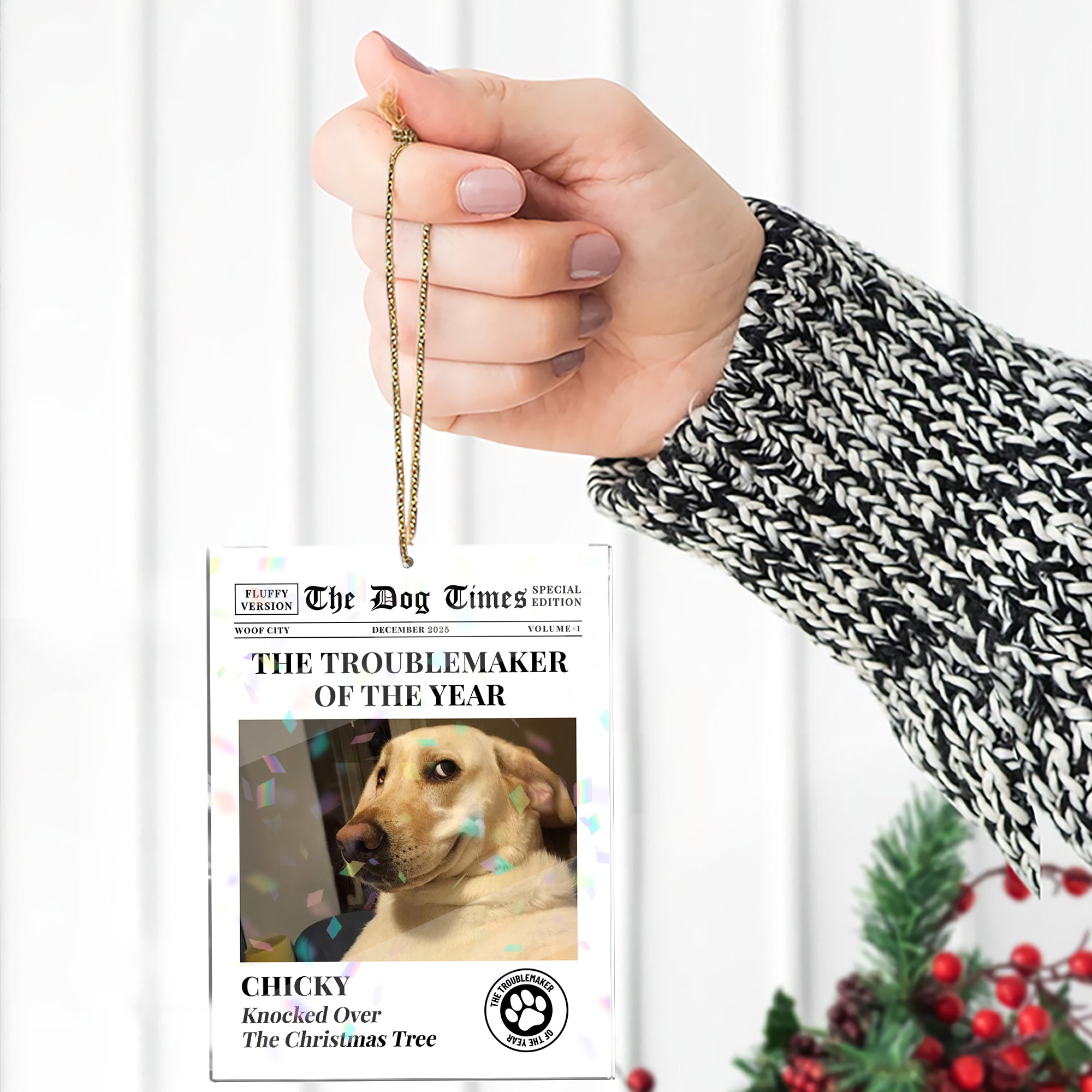 The Cat Dog Times - Custom Name and Photo - Custom Shape Hologram Ornament