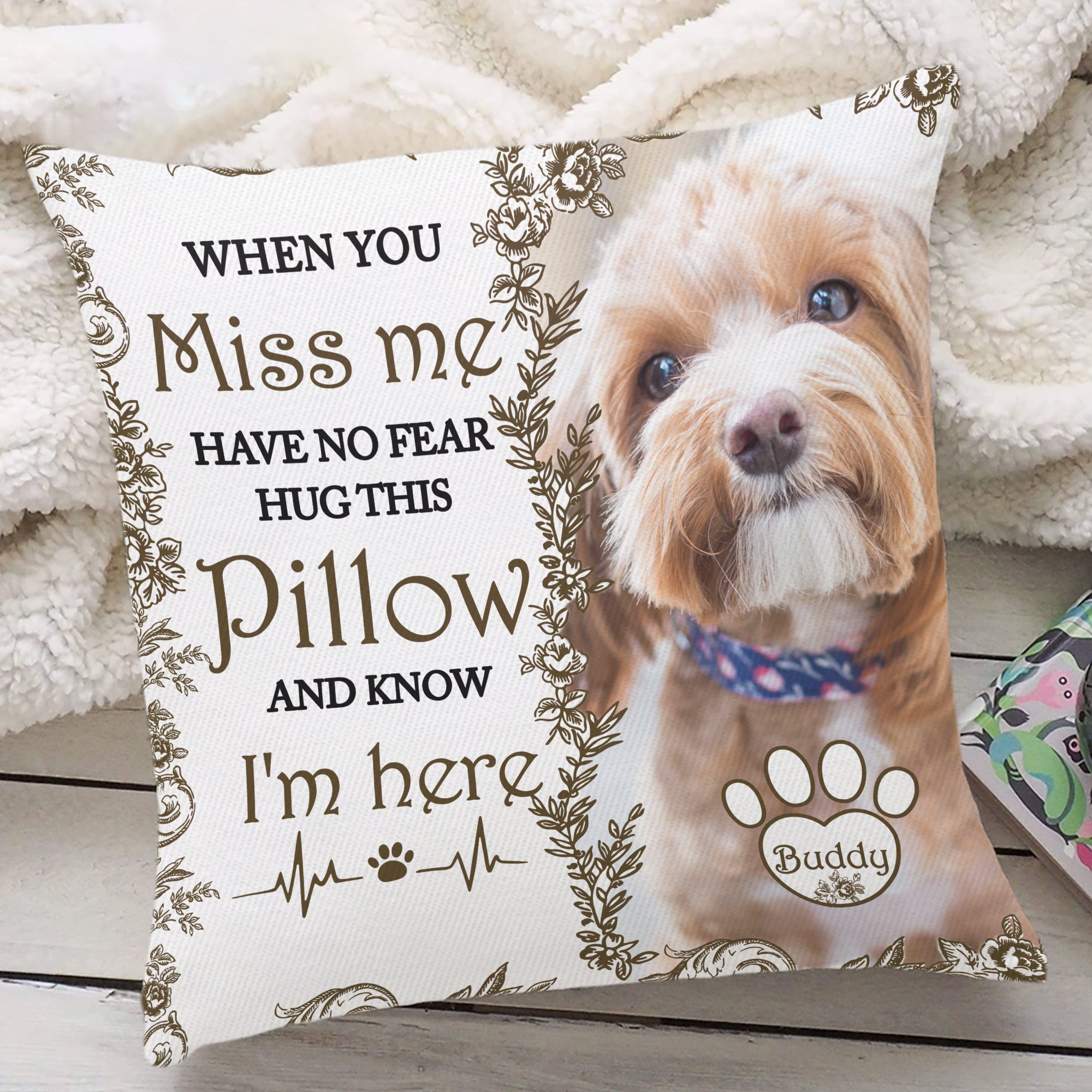 Custom Dog Name and Photo - When You Miss Me - Personalized Pillow - Pet Memorial