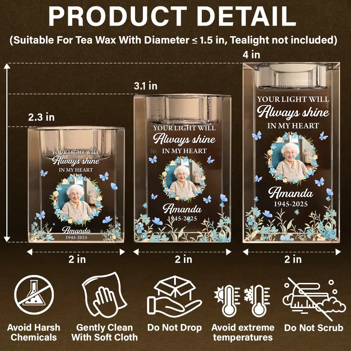 Your Light Will Always Shine - Personalized Crystal Candle Holder - Sympathy Gift