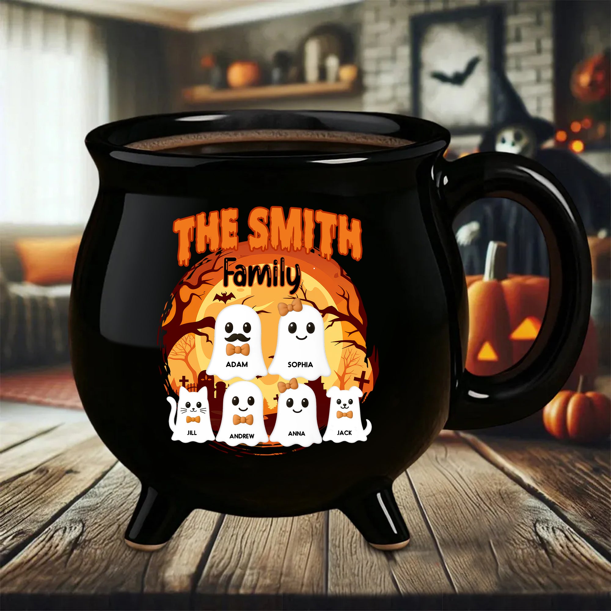 Custom Name Ghost Family - Personalized Ceramic Cauldron Coffee Mug - Halloween Gift