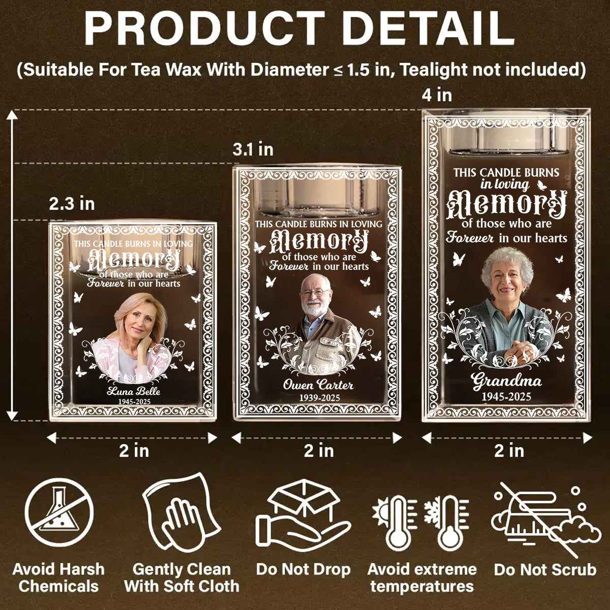 Custom Name and Photo - Personalized Crystal Candle Holder - Memorial Gift