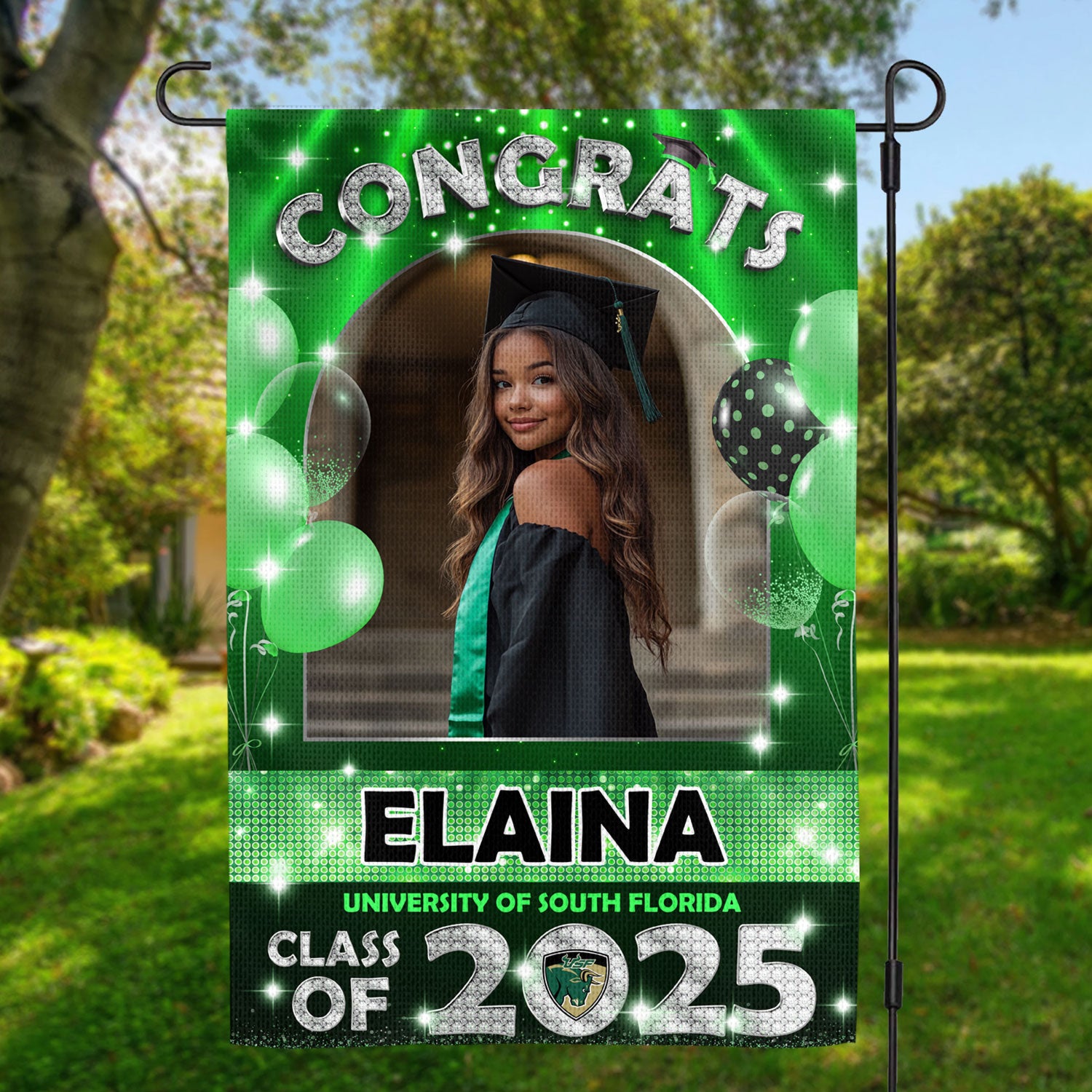 Glitter Class Of 2025 - Custom Name Congrats Graduation 2025 With Photo – Graduation Garden Flag & Party Decor
