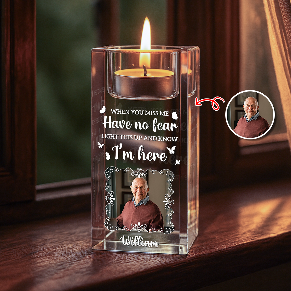 Custom Name and Photo Crystal Candle Holder - Sympathy Gift