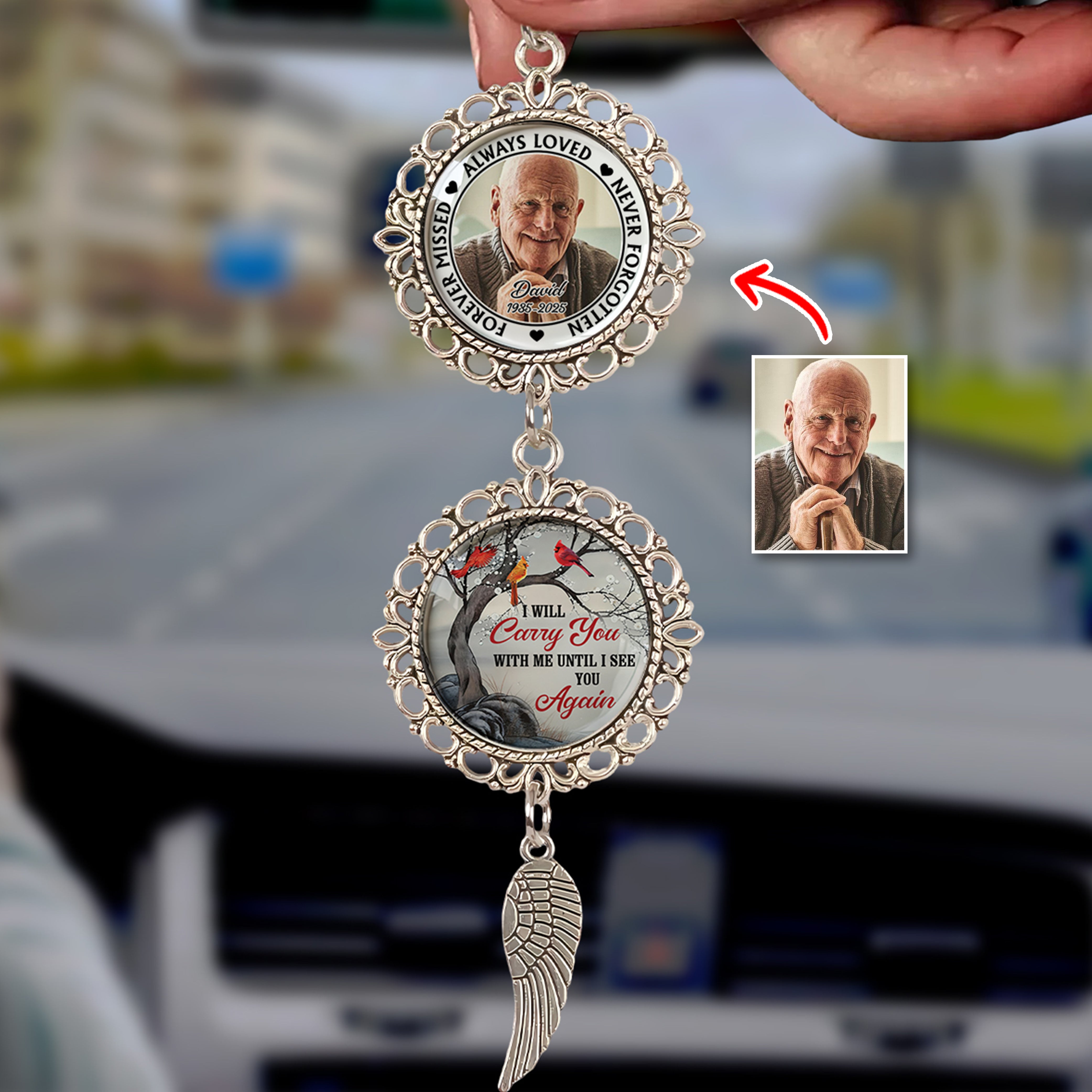 I am Always With You Cardinal- Personalized Photo Car Ornament With Charm