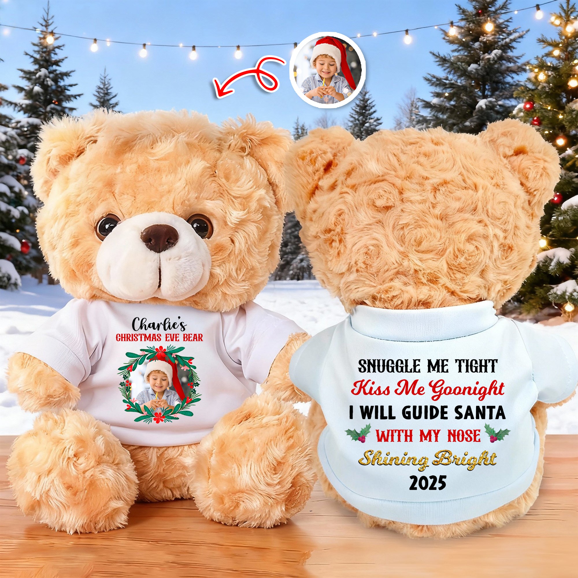 My Christmas Eve Bear - Custom Name and Photo - Personalized Bear Plush