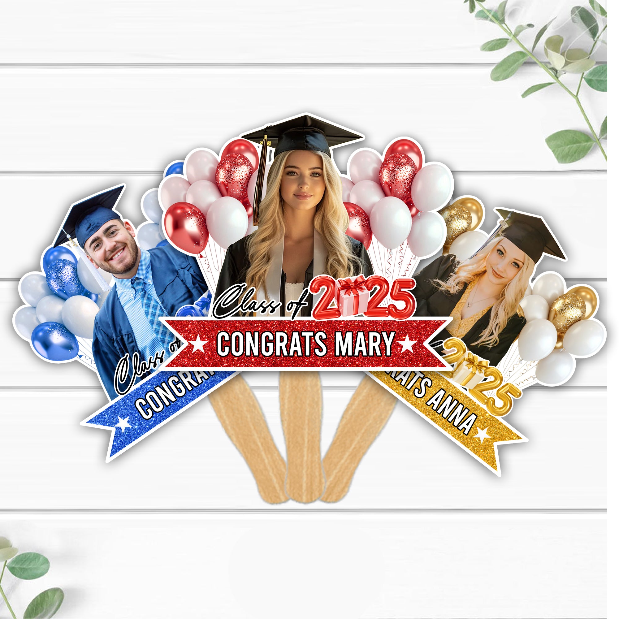 Personalized Face Fans With Wooden Handle - Graduation Keepsake Gift - Colorful Glitter Senior Photo Class Of 2025