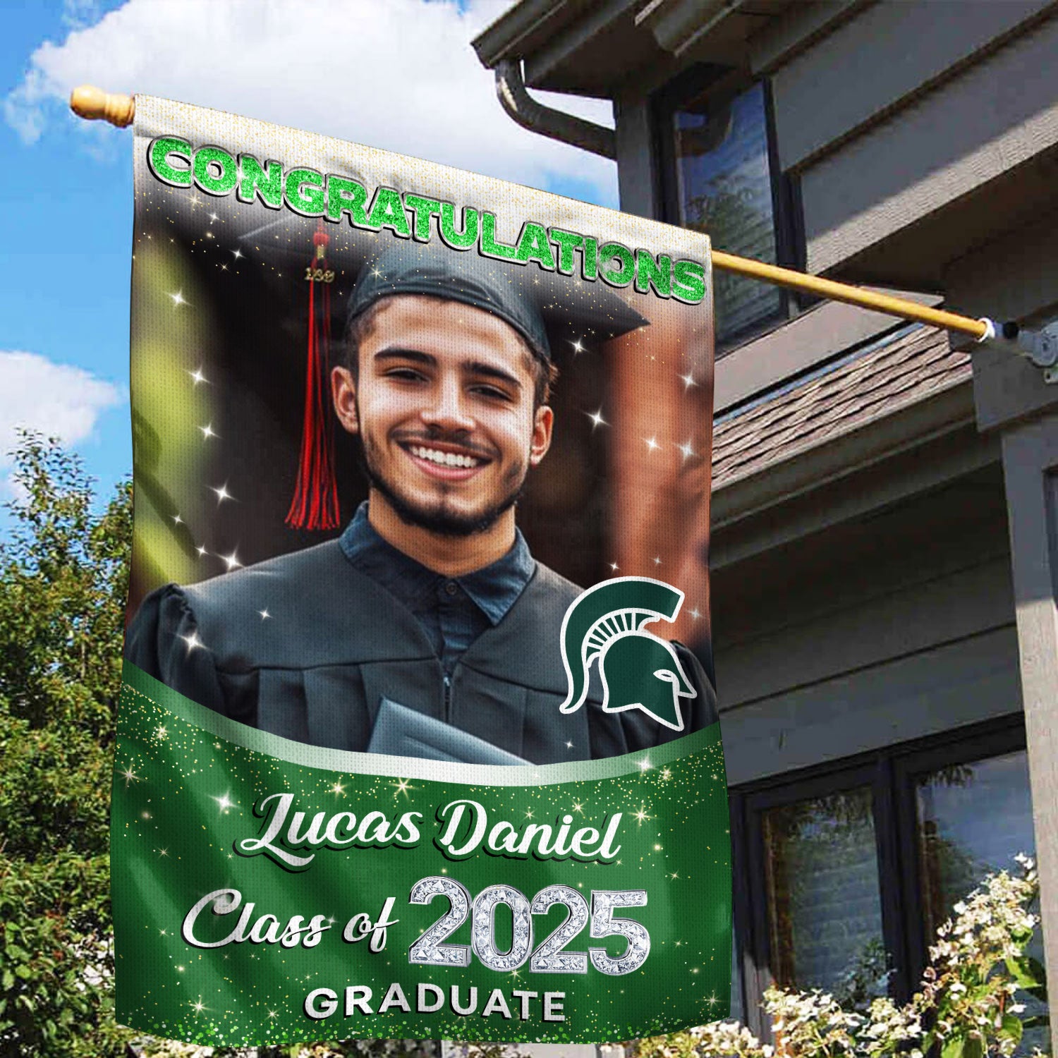 Glitter Congrats Graduation 2025 - Custom Name Class Of 2025 With Photo – Graduation Garden Flag & Party Decor