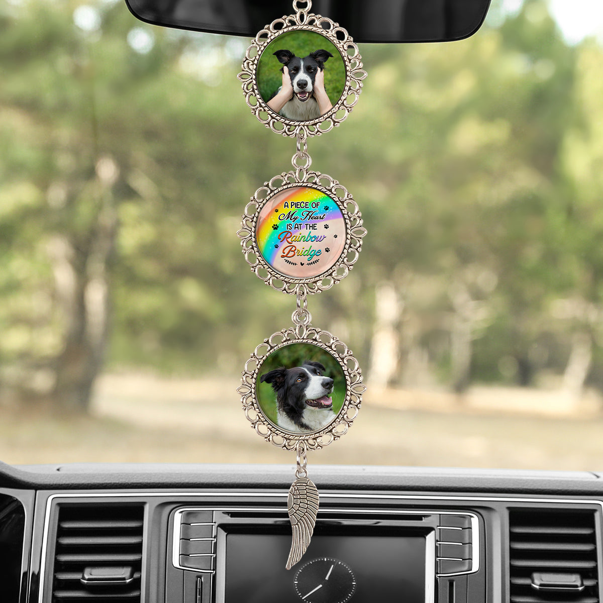 Rainbow Bridge - Personalized Photo Car Ornament With Charm - Pet Memorial