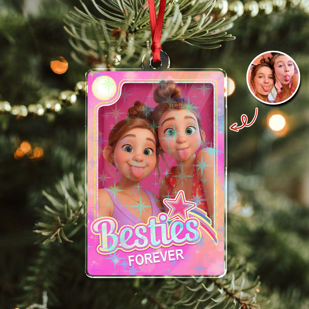 Bestie Forever - Custom Photo Cartoon Style Hologram Ornament - Gift for Best Friend