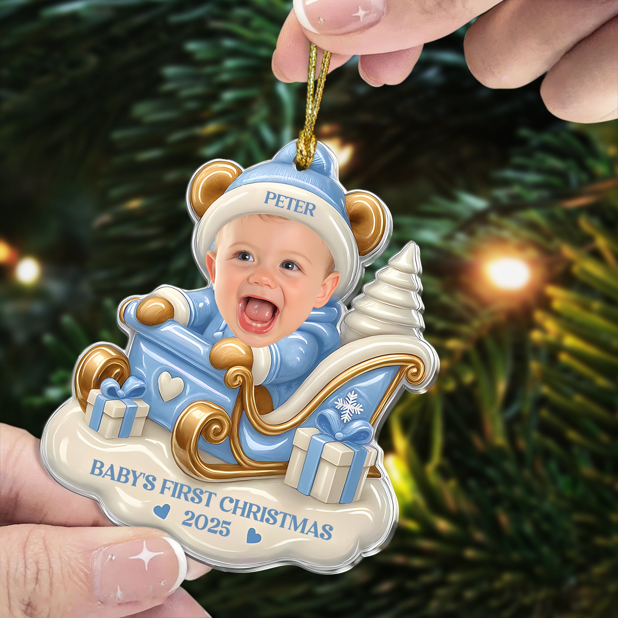 Baby First Christmas - Custom Name and Photo - Custom Shape Hologram Ornament - Christmas Decor