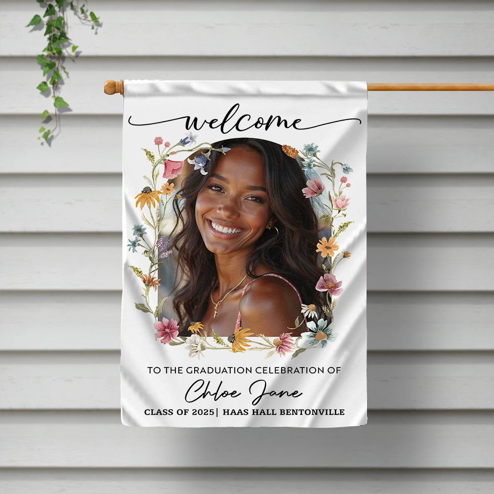 Welcome To The Graduation Celebration – Personalized Floral Welcome Sign and Garden Flag – Party Decor