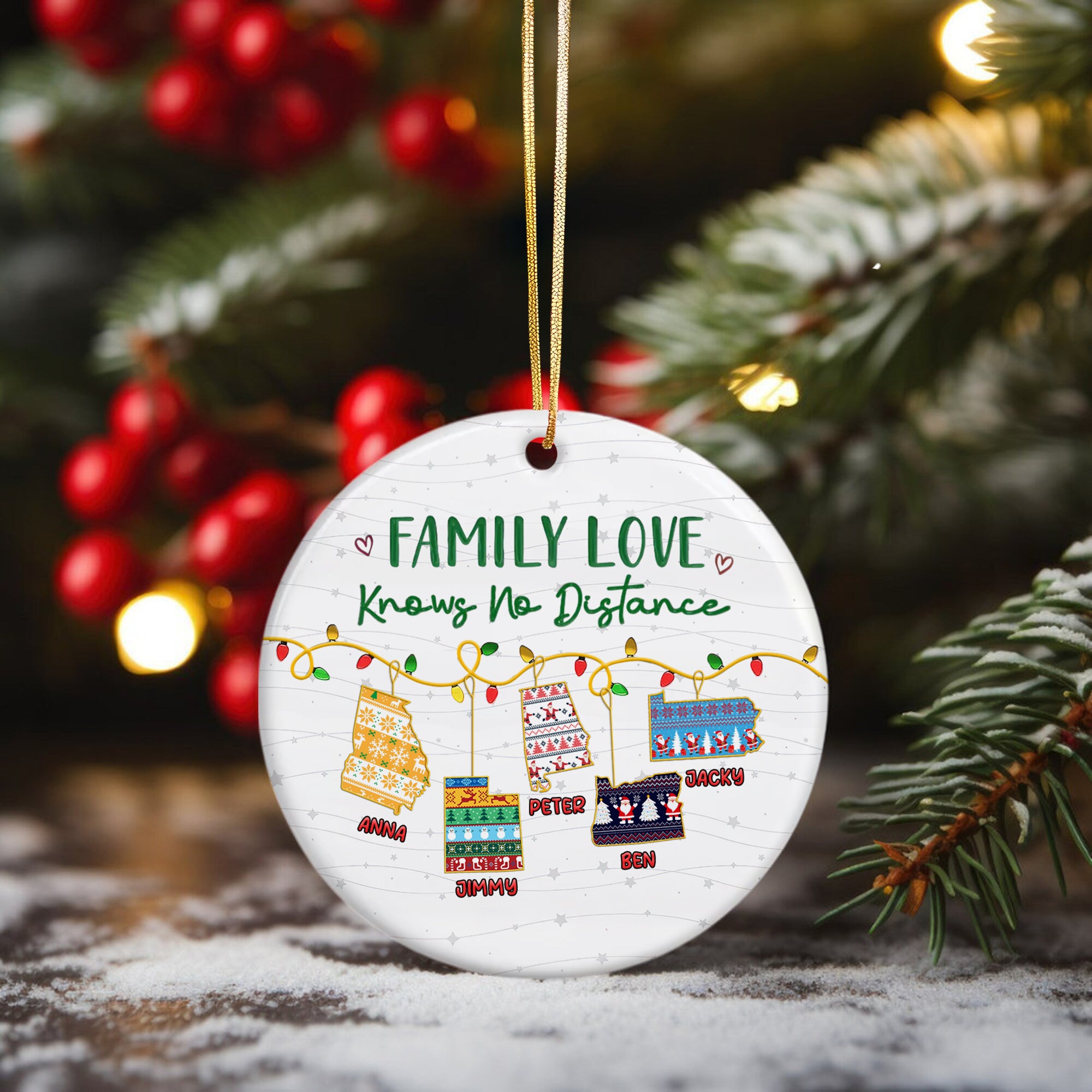 Custom Name and State Ceramic Ornament - Family Love Knows No Distance - Home Decor
