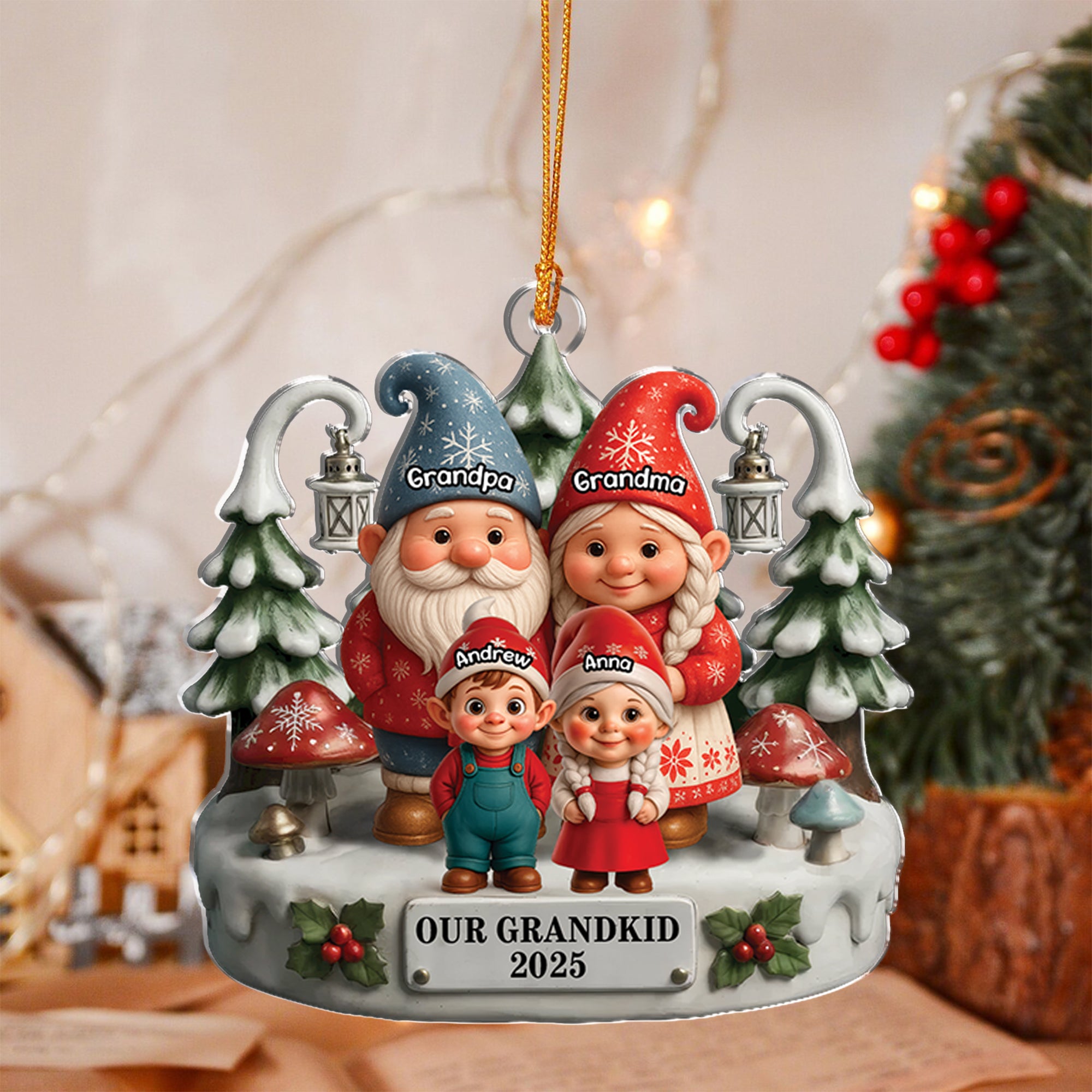 Elf Grandpa Grandma - Custom Name - Custom Shape Hologram Ornament - Christmas Gift