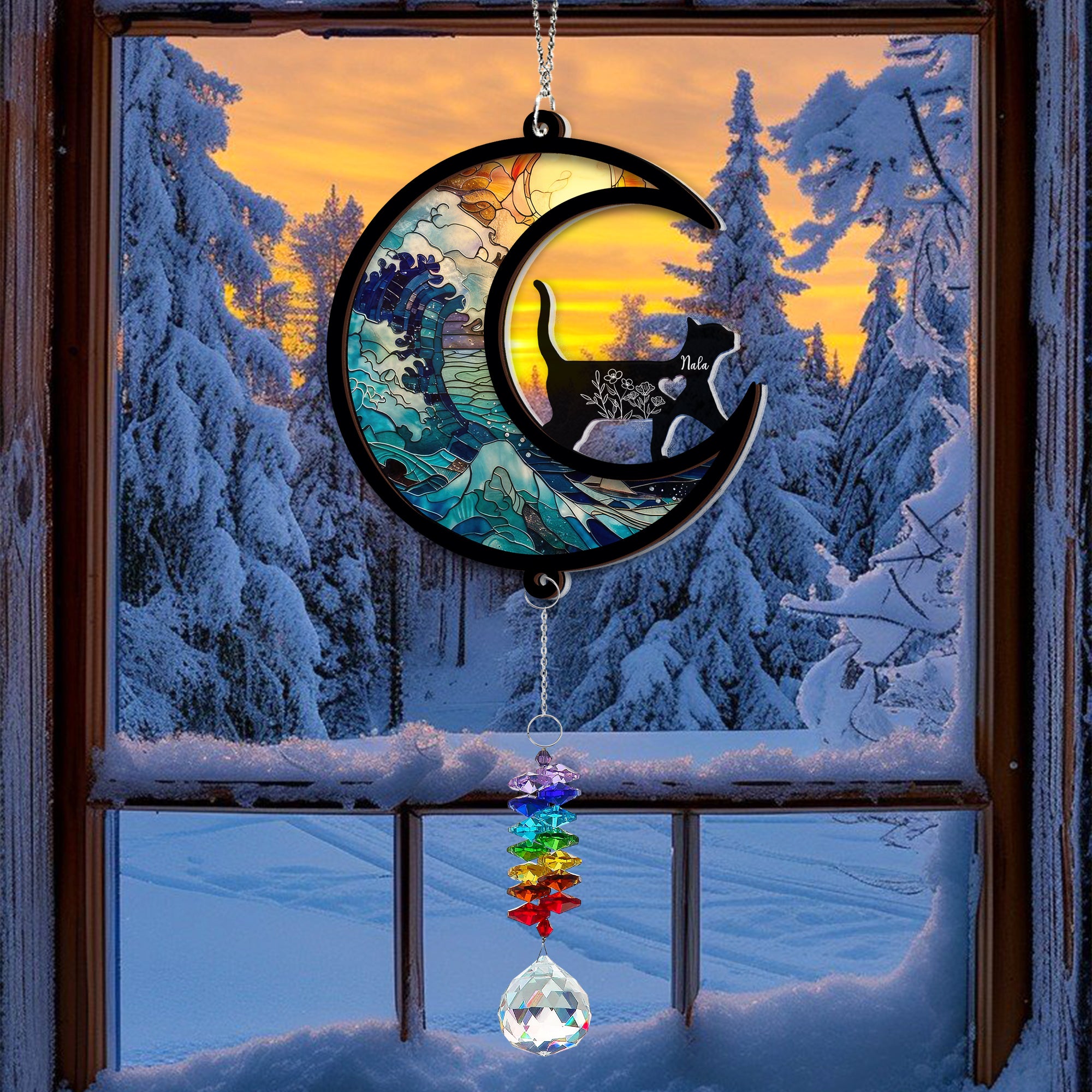 Cat Silhouette - Ornament Hanging Piece With Crystal Charm - Cat Lover Gift