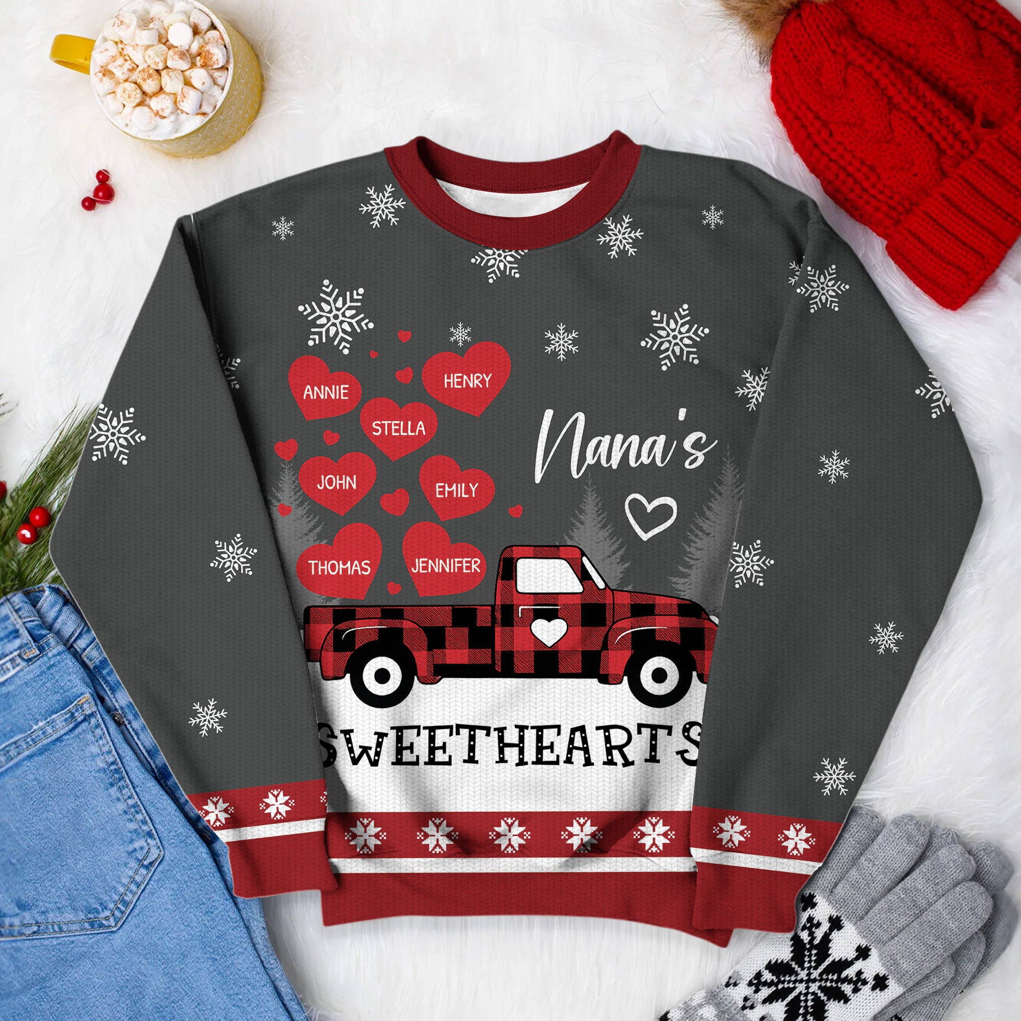 Nana's Heart Car - Custom Name Ugly Christmas Sweatshirt - All-Over-Print Sweatshirt