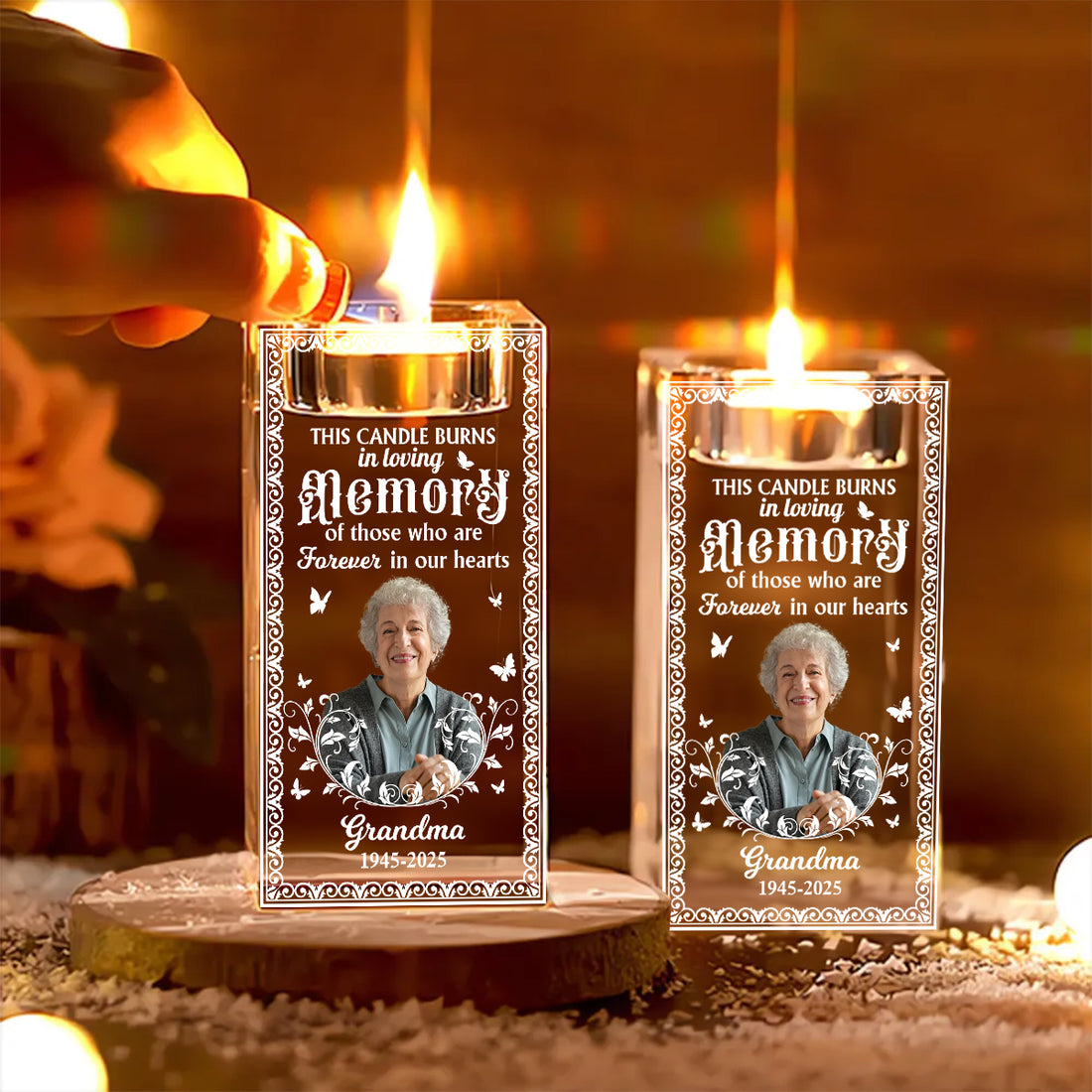 Custom Name and Photo - Personalized Crystal Candle Holder - Memorial Gift