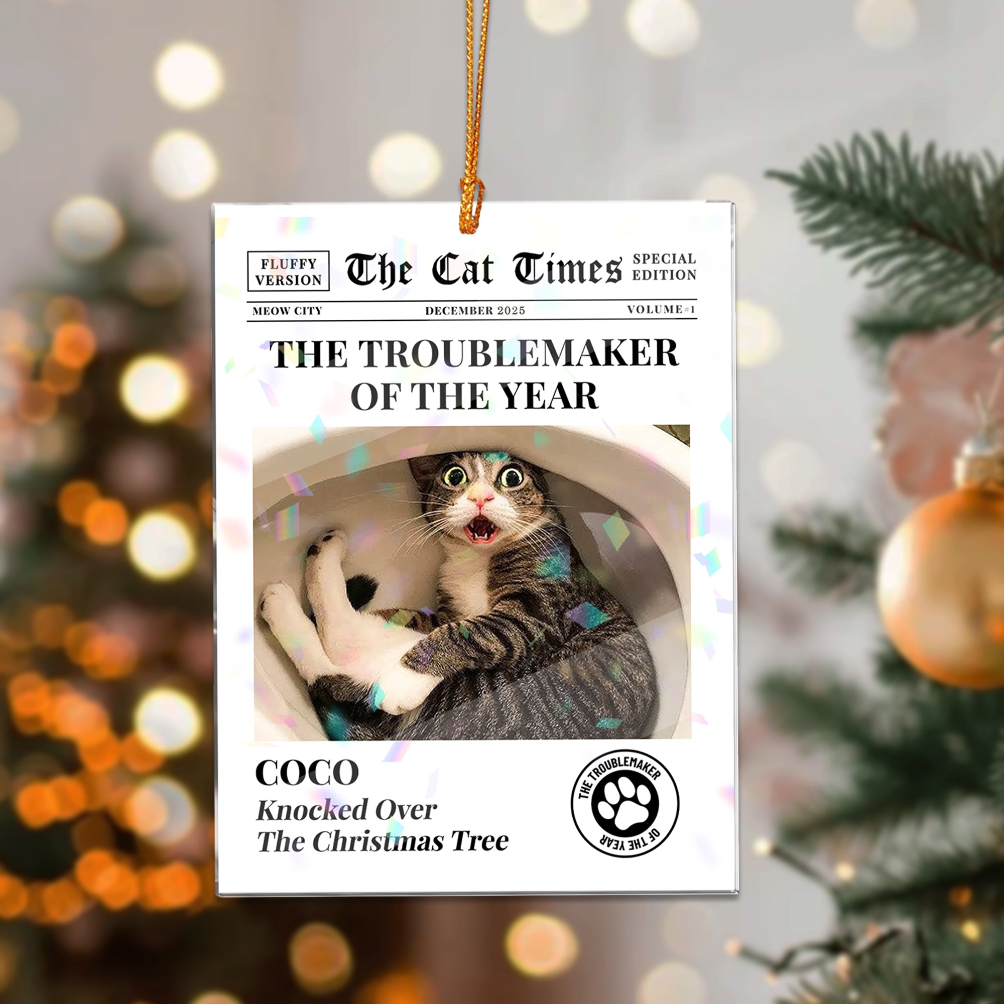 The Cat Dog Times - Custom Name and Photo - Custom Shape Hologram Ornament