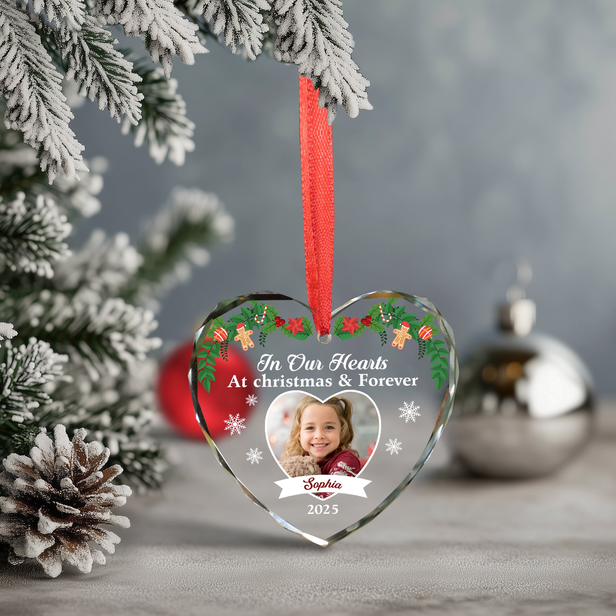 In Our Hearts - Custom Name and Photo - Personalized Glass Ornament - Memorial Gift