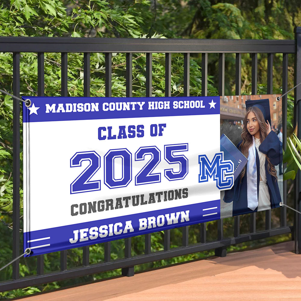 Class of 2025 Graduation Banner – Custom Name, Photo & School Logo Decoration