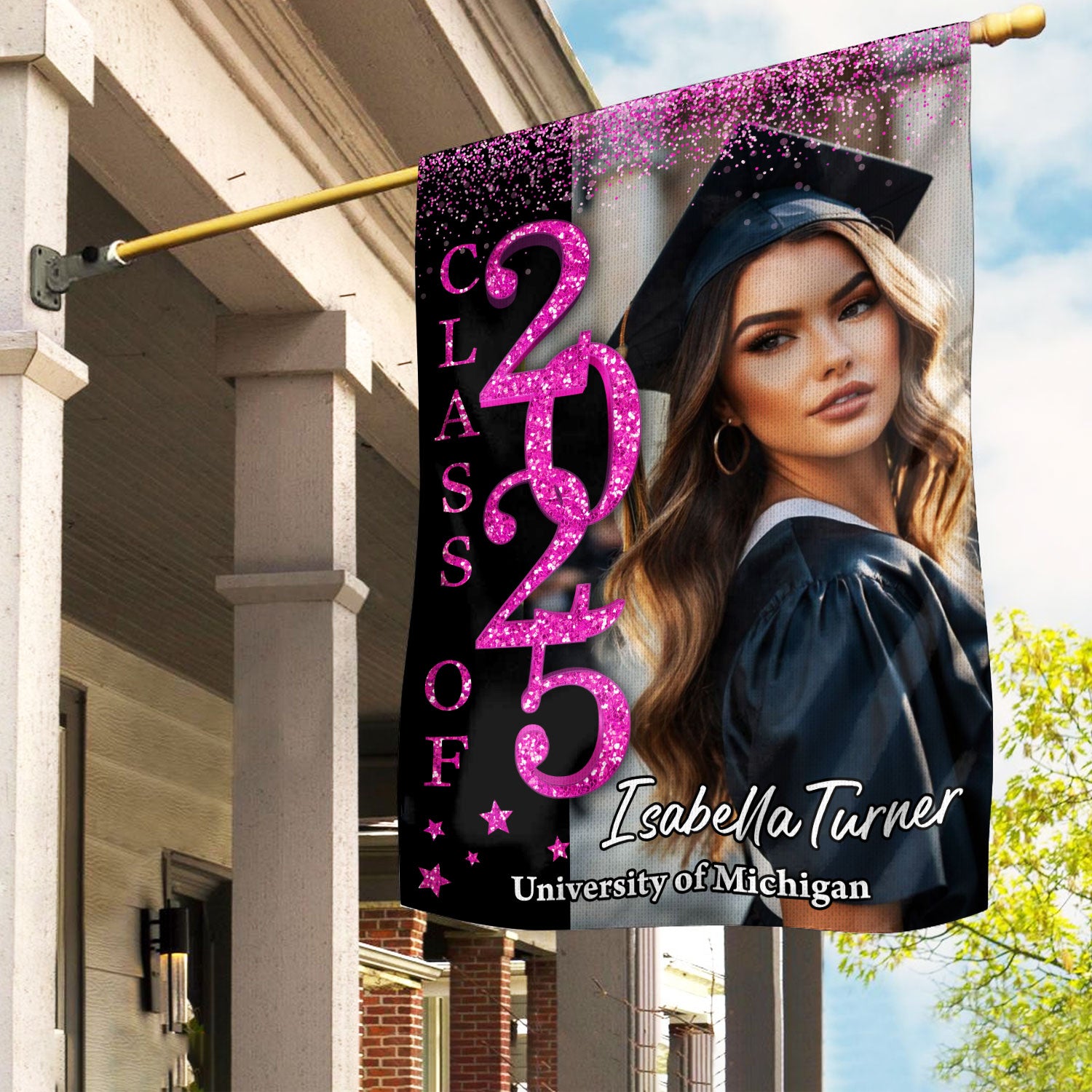 Glitter Congrats Graduation - Custom Name Class Of 2025 With Photo – Graduation Garden Flag & Party Decor