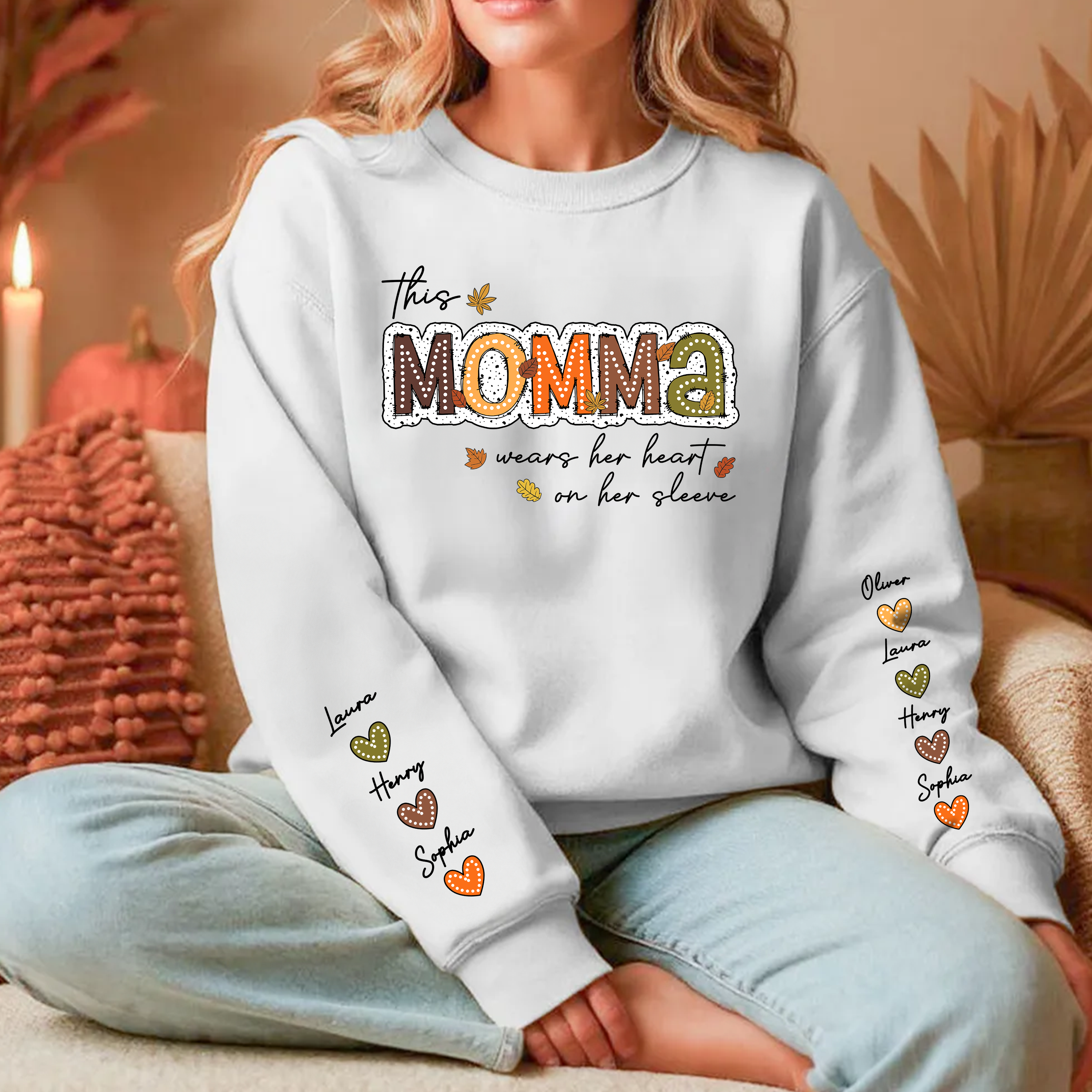 Personalized Gift For Grandma - Grandma Wears Her Heart On Her Sleeves - Custom Name Christmas Shirt