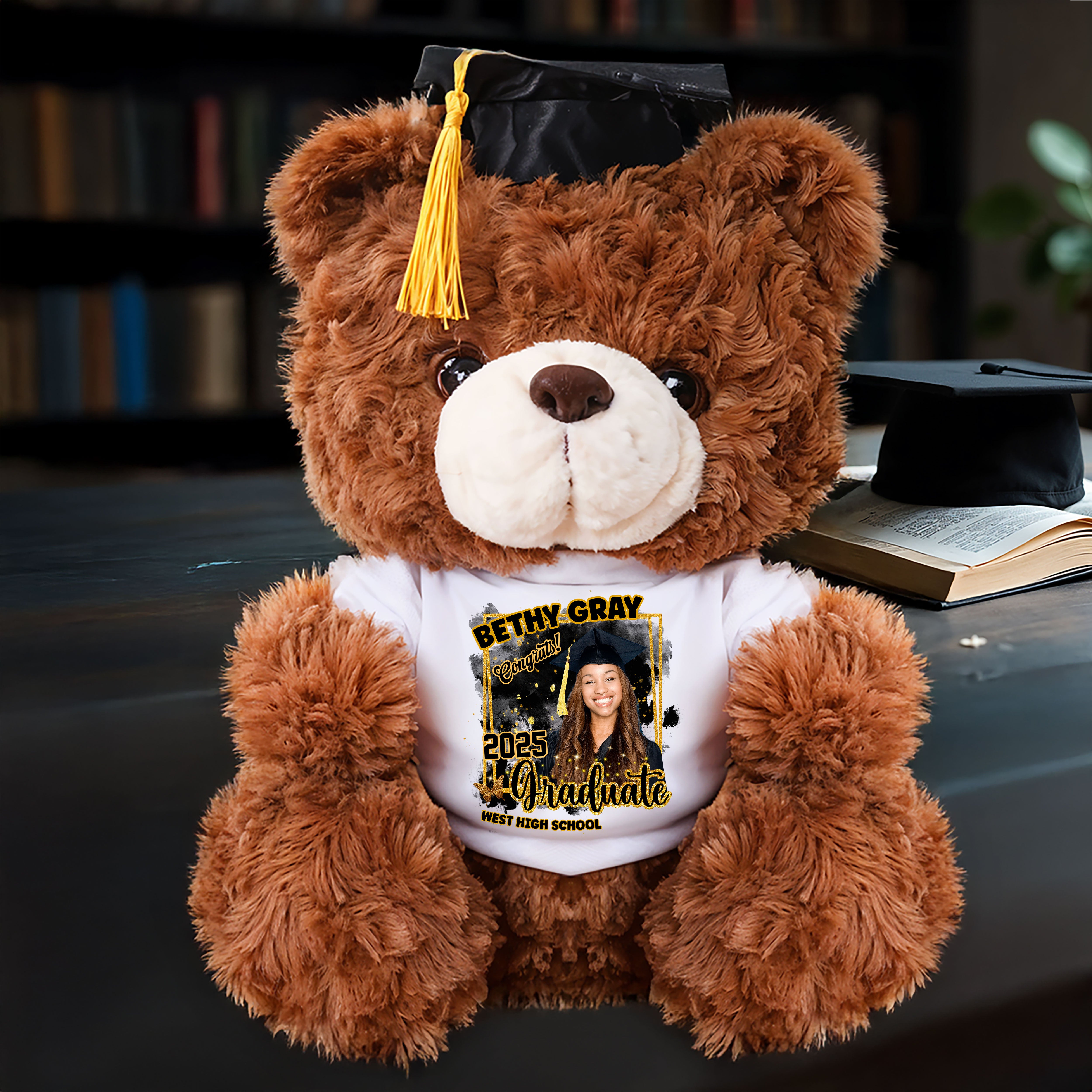 2025 Congrats Graduation Teddy Bear Plush - Custom Photo and Name  - Graduate Bear With Cap