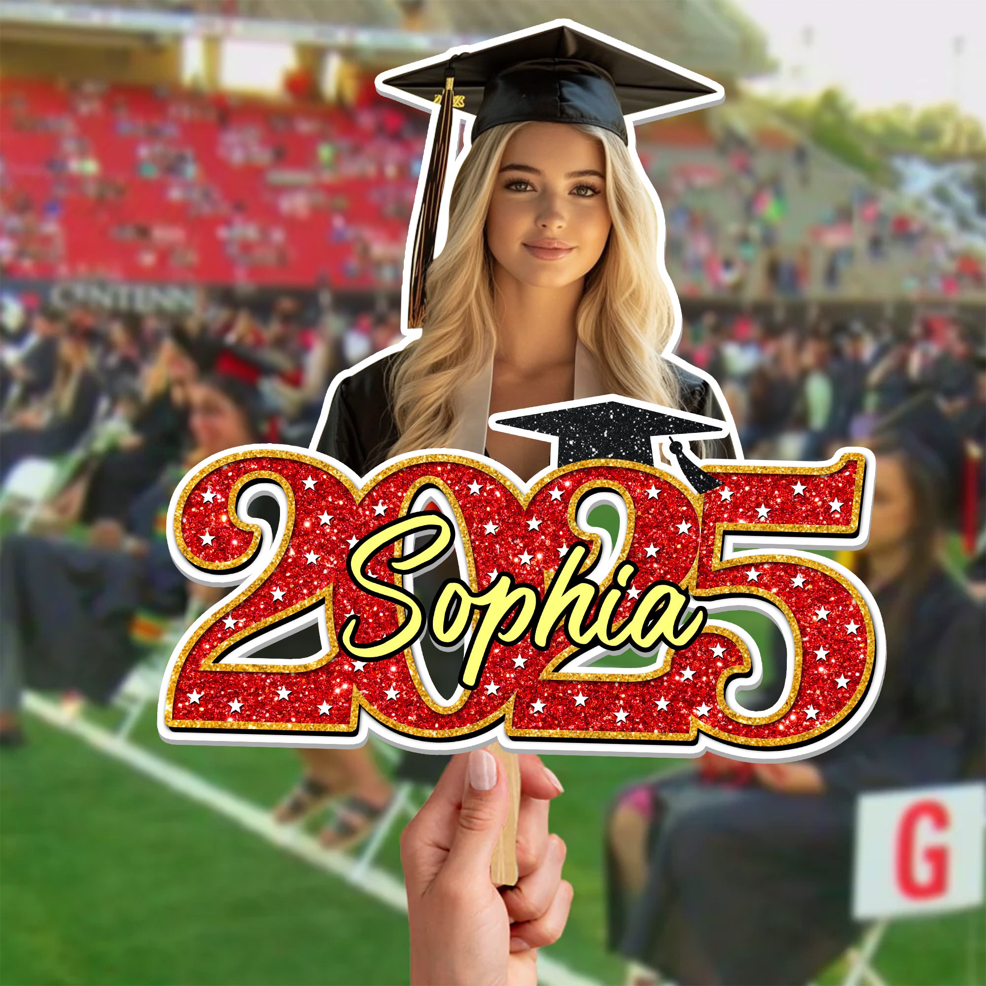 Personalized Face Fans With Wooden Handle - Colorful Glitter Senior Photo Class Of 2025 - Graduation Keepsake Gift