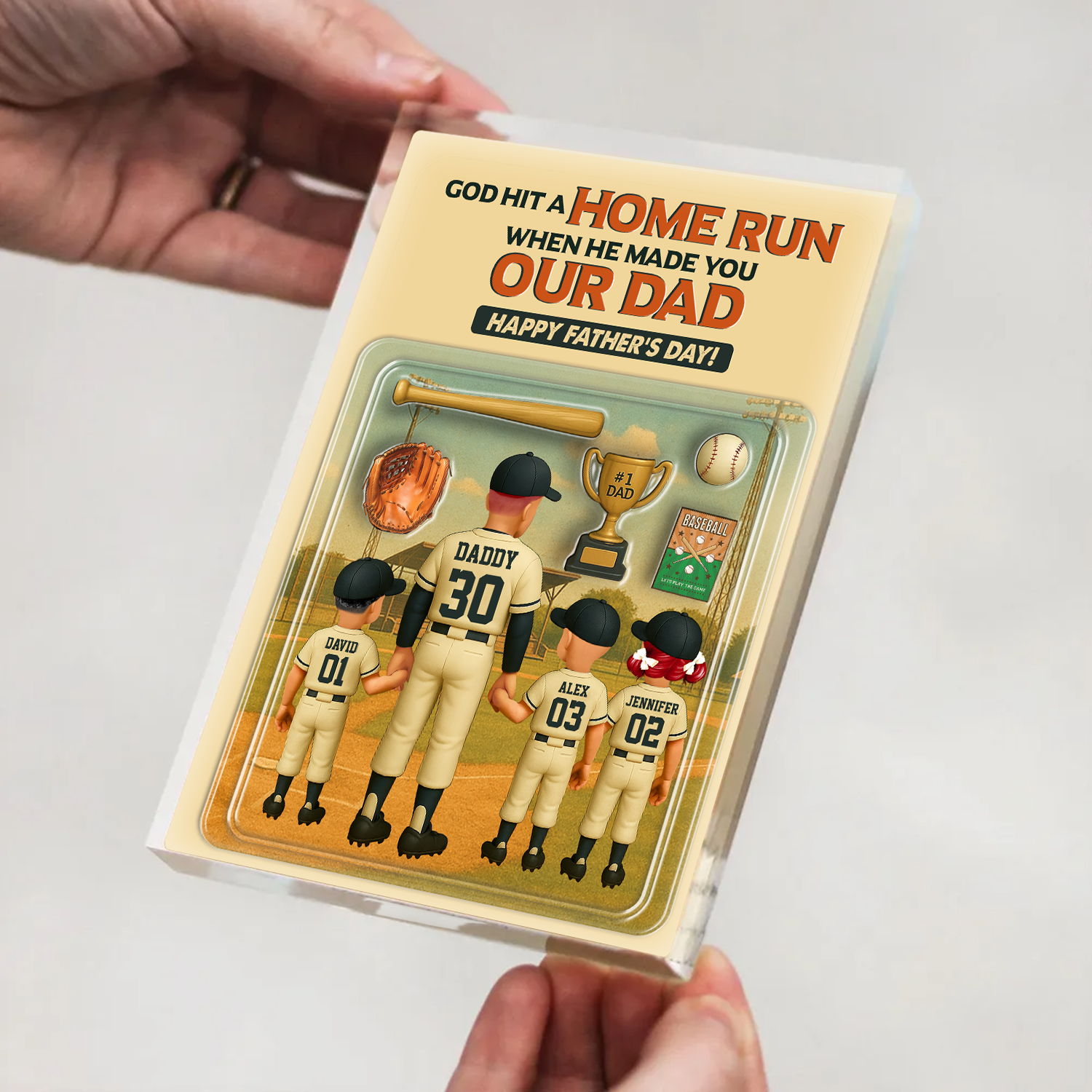 Caught The Best Dad - Personalized Baseball Dad Name Gift - Custom Shape Acrylic Block Plaque