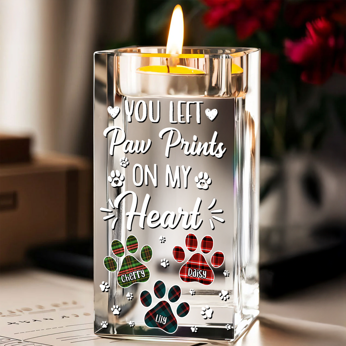 Pawprints On My Heart - Personalized Crystal Candle Holder - Pet Memorial