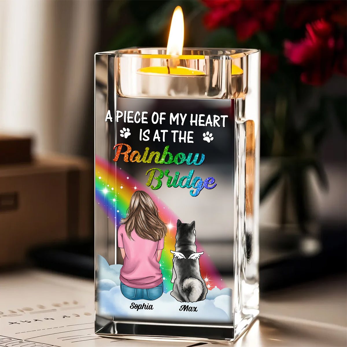 Custom Name and Appearance - Personalized Crystal Candle Holder - Rainbow Bridge