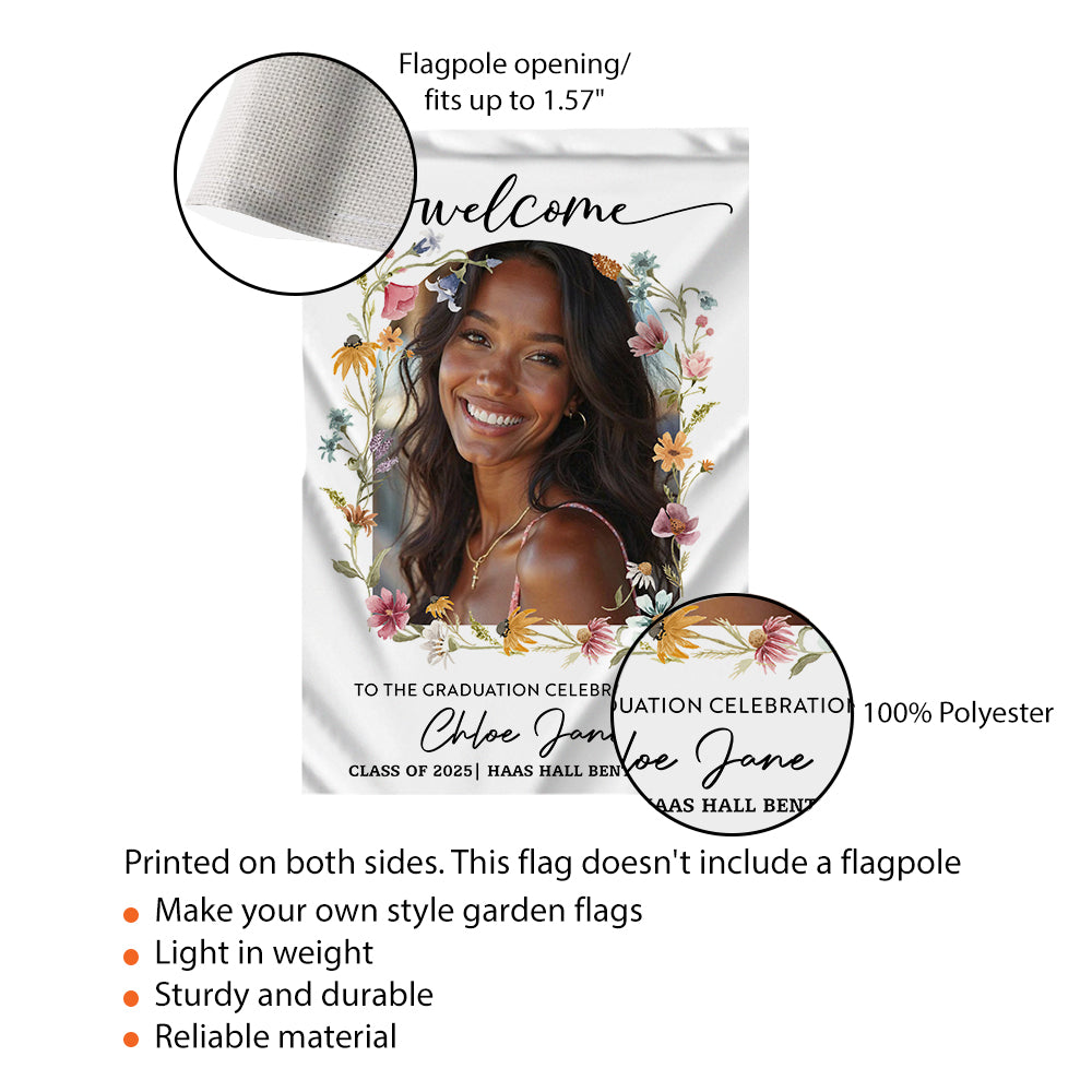 Welcome To The Graduation Celebration – Personalized Floral Welcome Sign and Garden Flag – Party Decor
