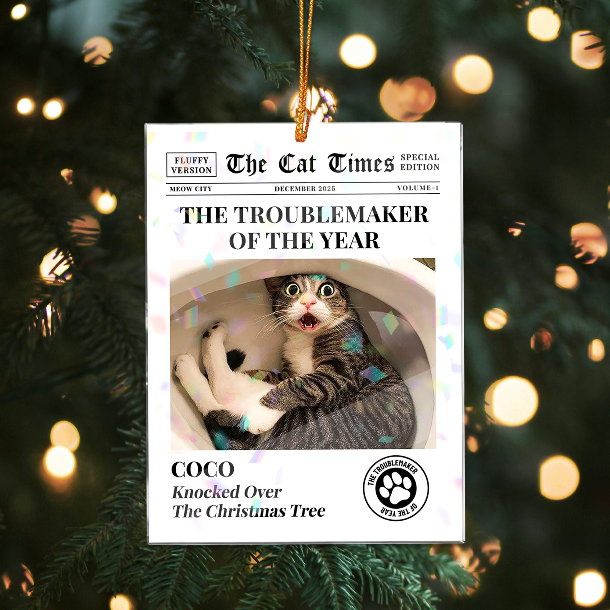 The Cat Dog Times - Custom Name and Photo - Custom Shape Hologram Ornament
