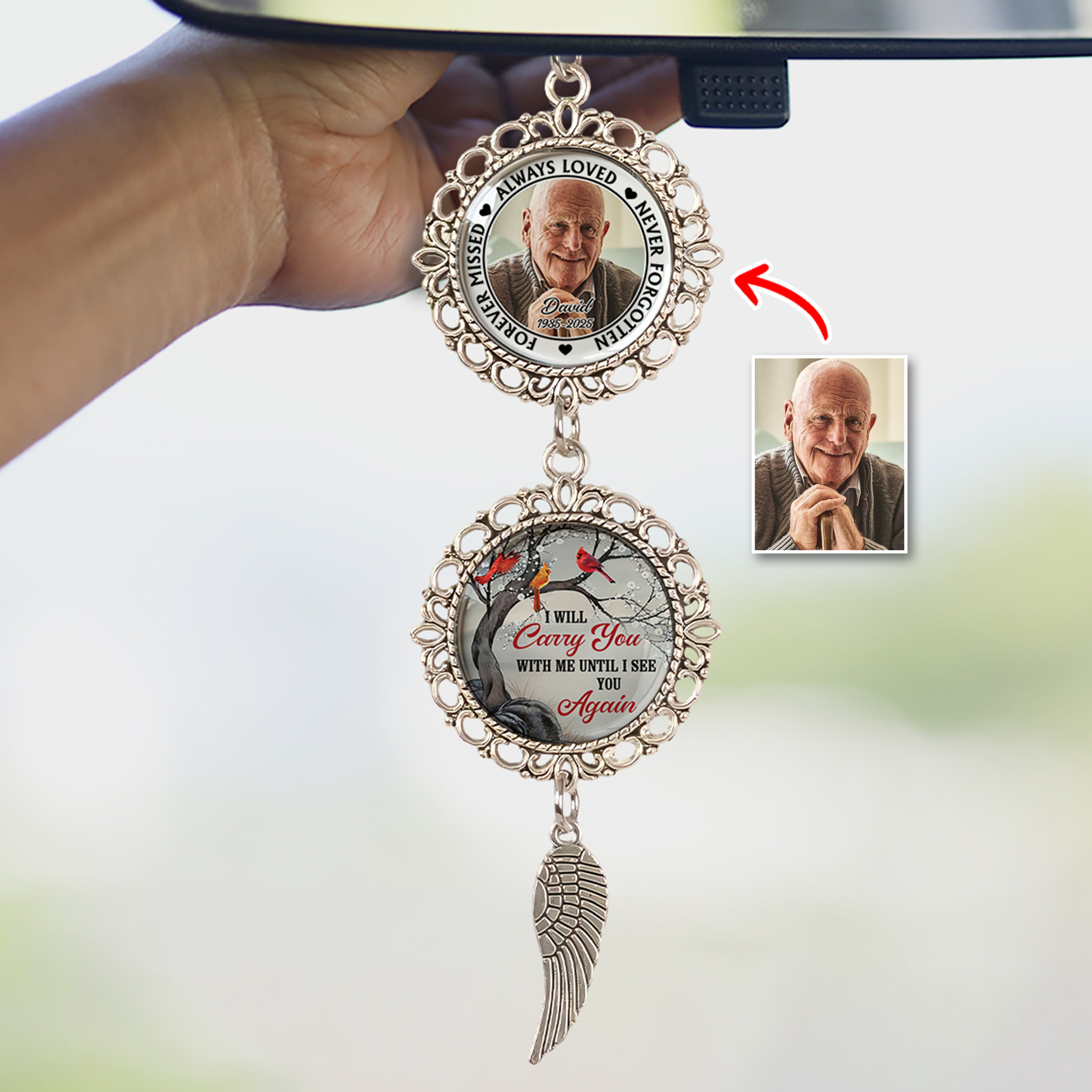 I am Always With You Cardinal- Personalized Photo Car Ornament With Charm