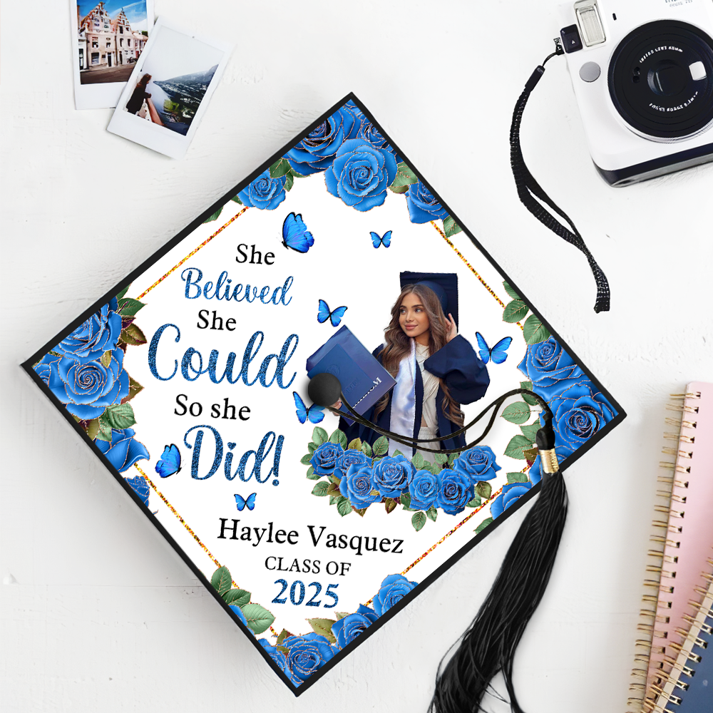 She Believed She Could, So She Did – Custom Graduation Cap Topper | Class of 2025 | Personalized With Name