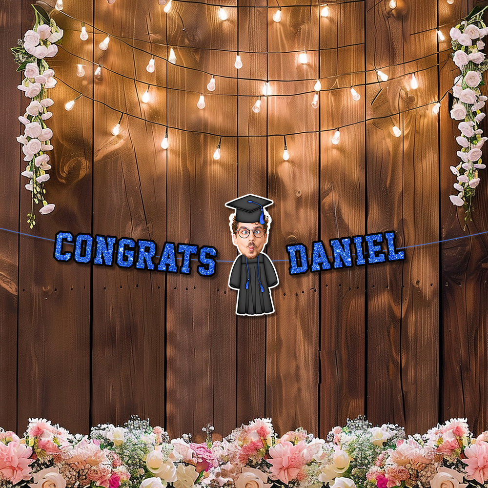 Custom Name Bunting Party Decorations - Personalized Alphabet Letters and Face Photo - Graduation Decor