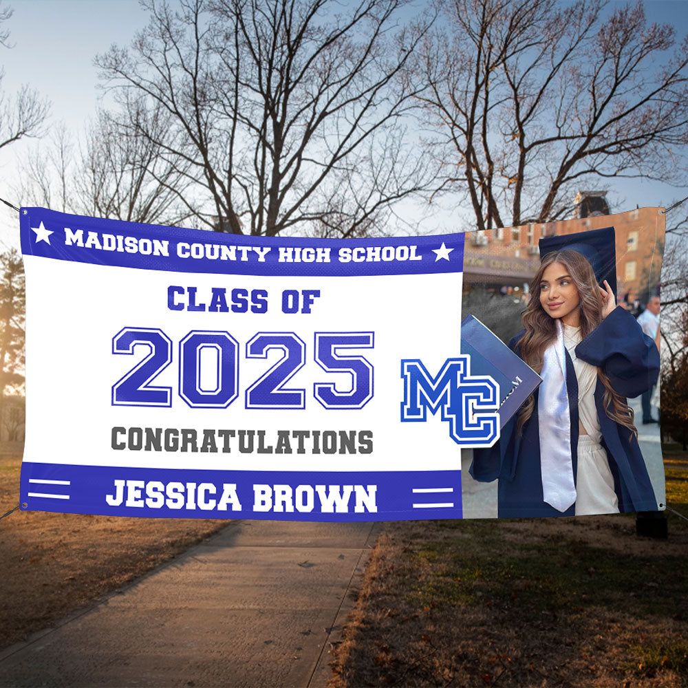 Class of 2025 Graduation Banner – Custom Name, Photo & School Logo Decoration