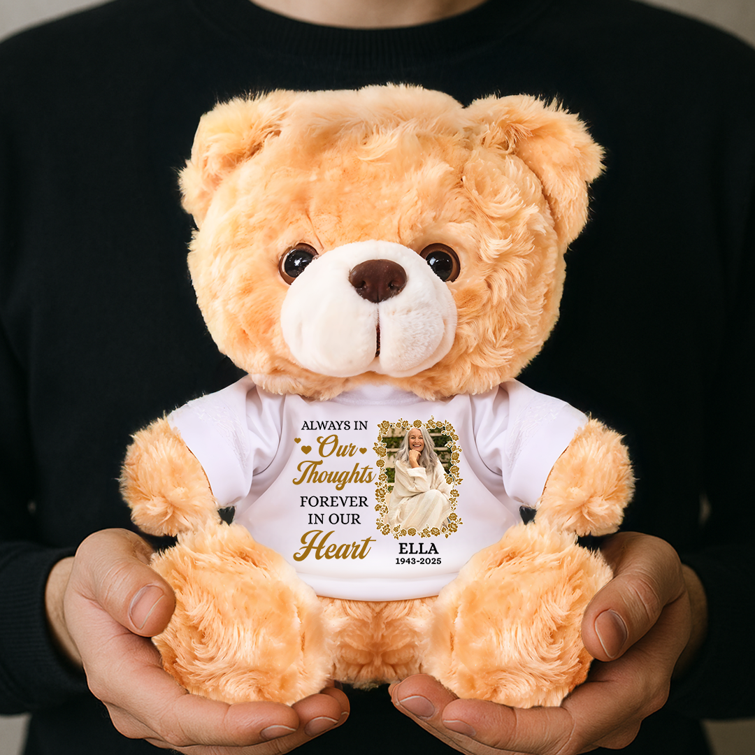 Forever In Our Hearts - Personalized Memorial Bear Plush - Custom Photo and Name Bear