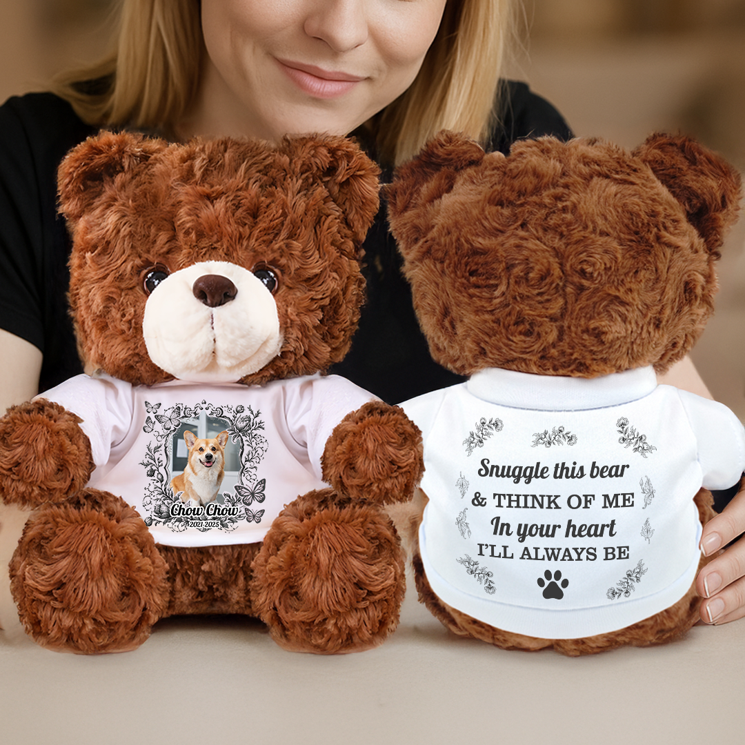Snuggle This Bear and Think of Me - Personalized Pet Memorial Bear Plush - Custom Name and Photo Teddy Bear