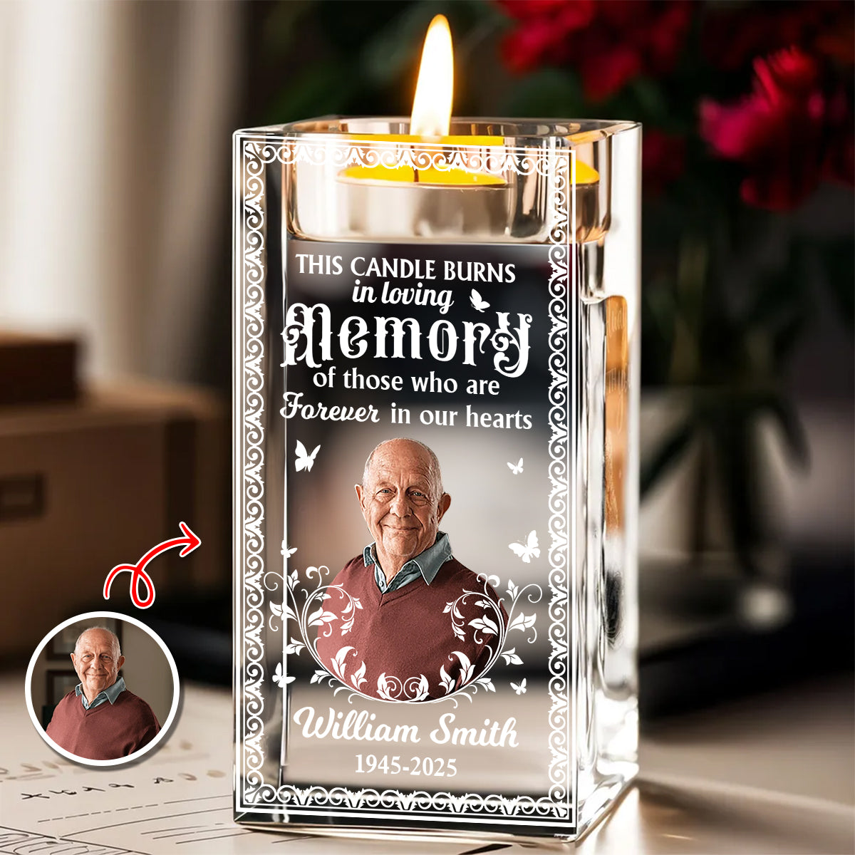 Custom Name and Photo - Personalized Crystal Candle Holder - Memorial Gift
