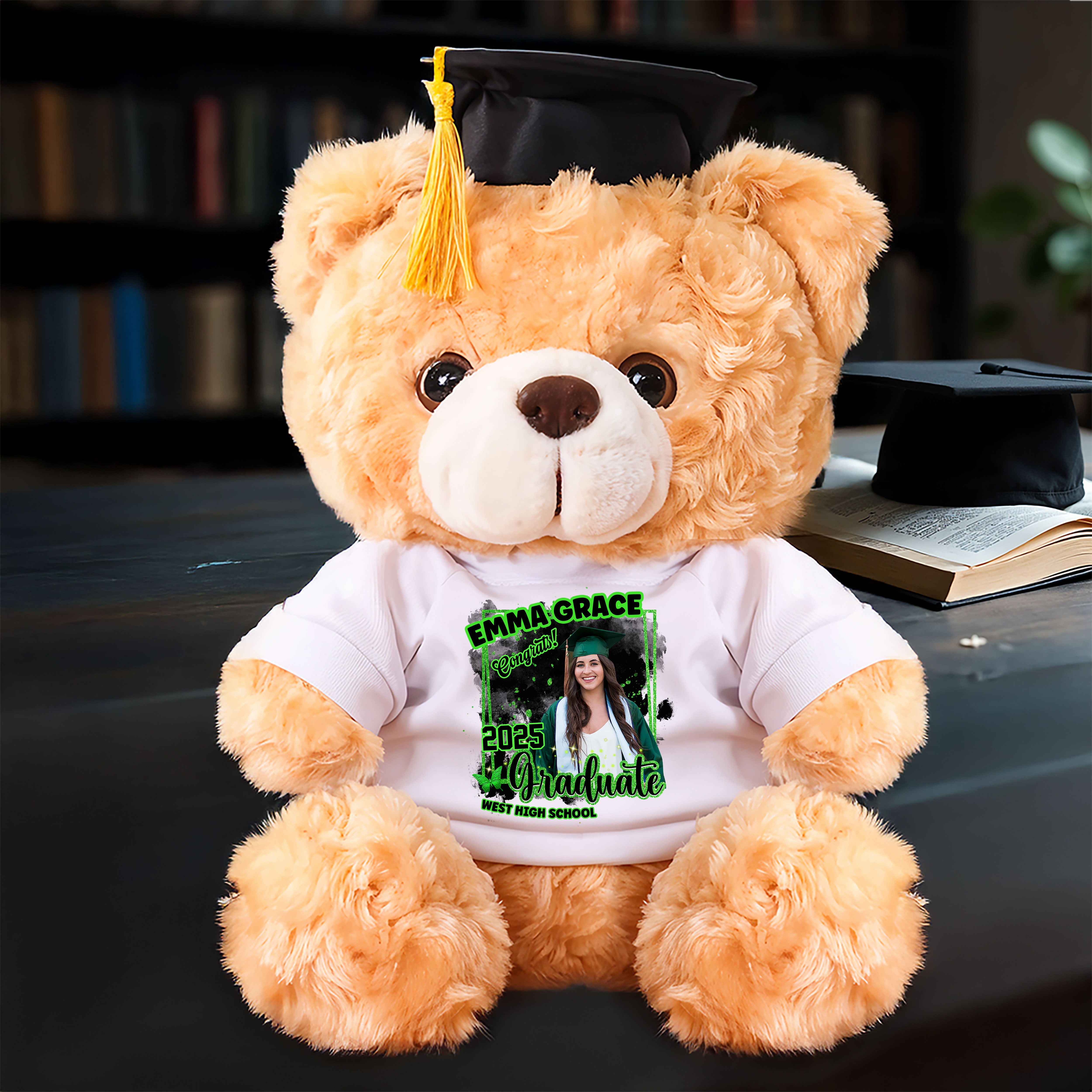 2025 Congrats Graduation Teddy Bear Plush - Custom Photo and Name  - Graduate Bear With Cap