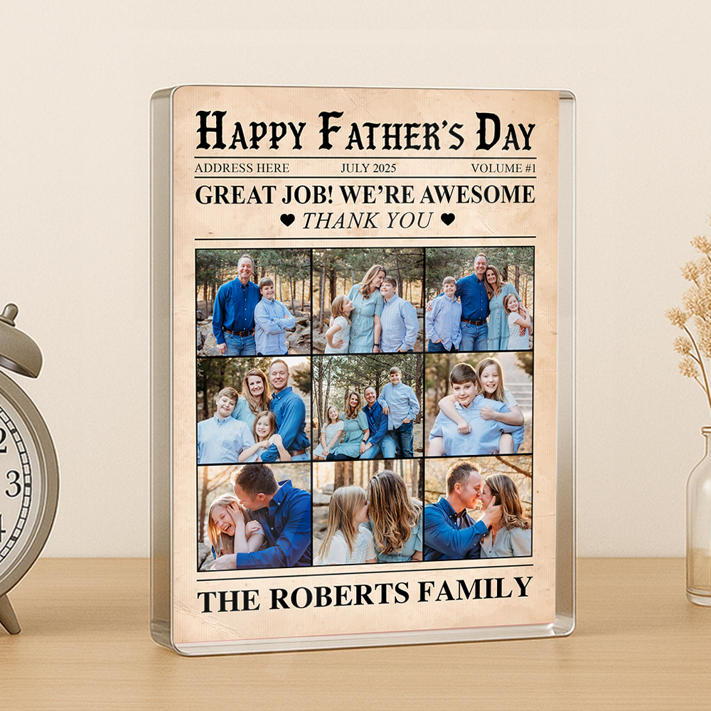 Happy Father's Day - Personalized Family Name and Photo Gift - Custom Shape Acrylic Block Plaque