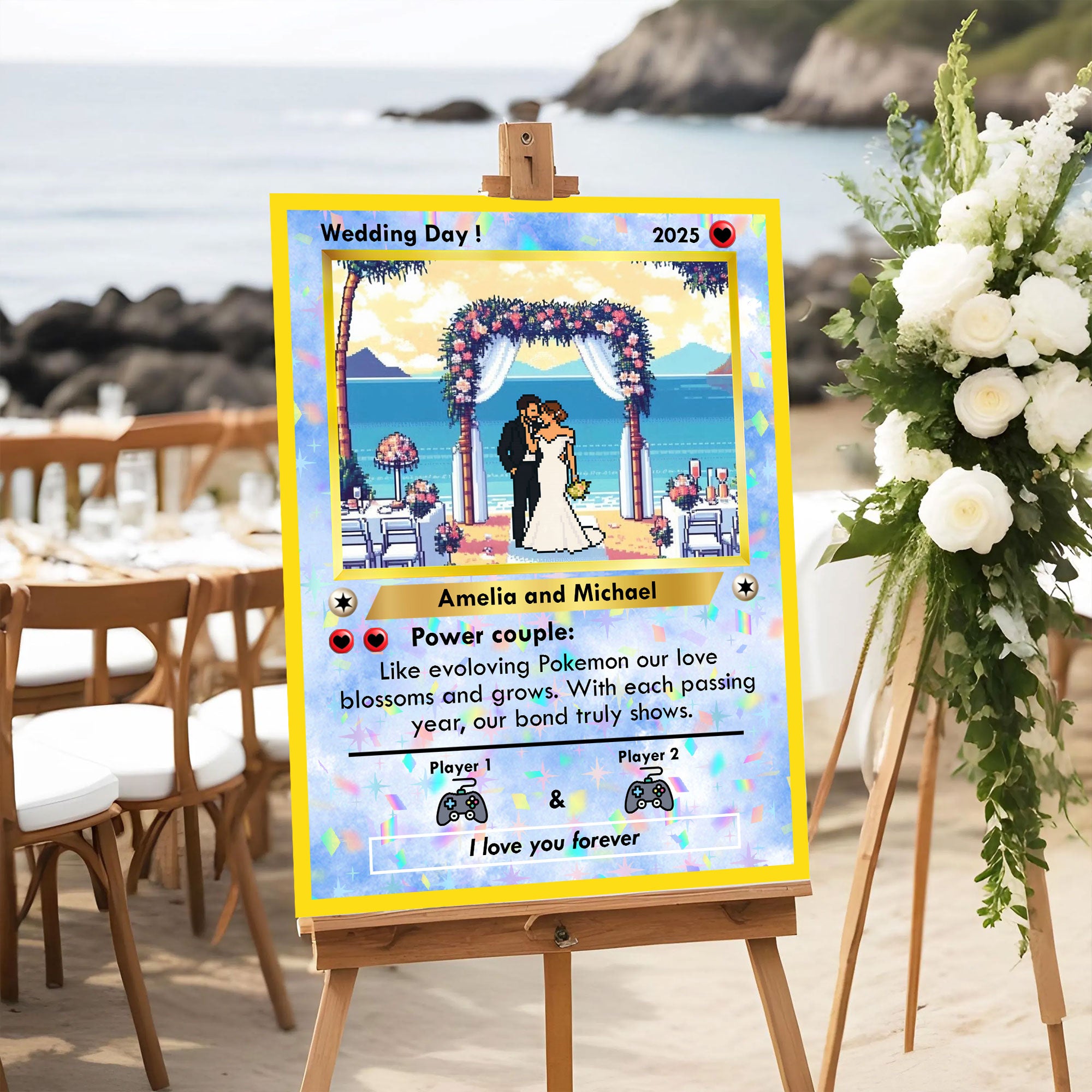 Wedding Welcome Sign - Pixel Style Art - Custom Name and Photo Wedding Law Sign