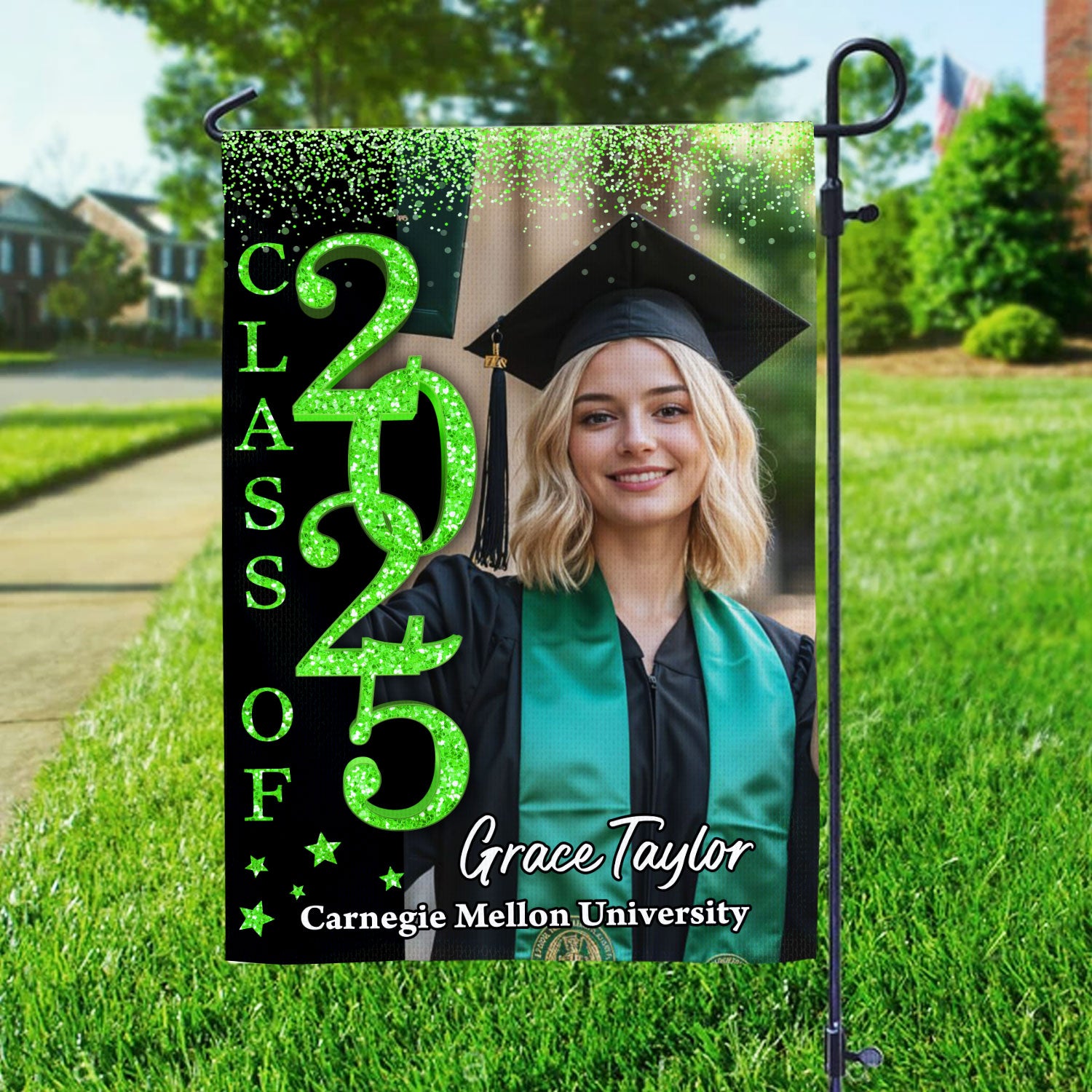Glitter Congrats Graduation - Custom Name Class Of 2025 With Photo – Graduation Garden Flag & Party Decor