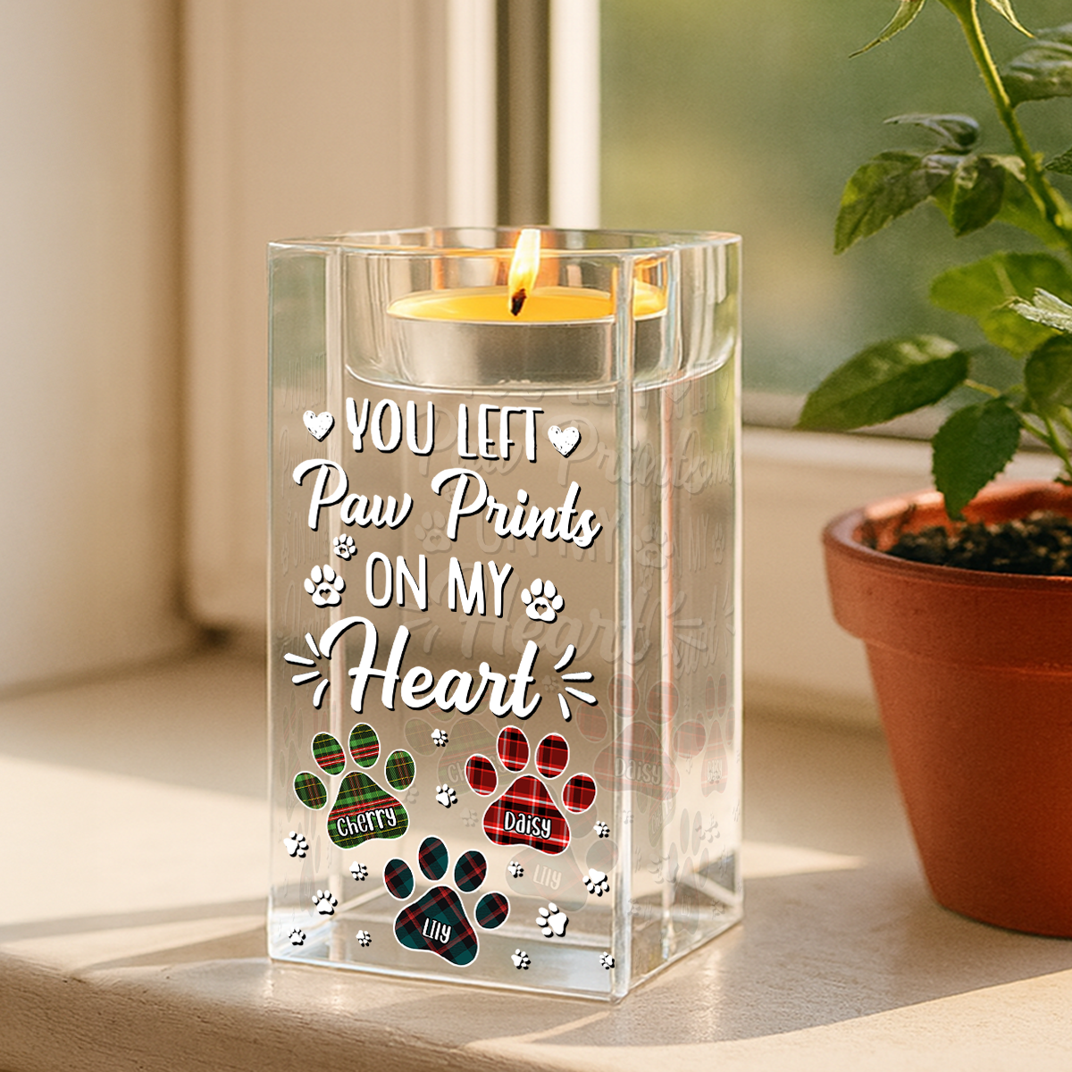 Pawprints On My Heart - Personalized Crystal Candle Holder - Pet Memorial