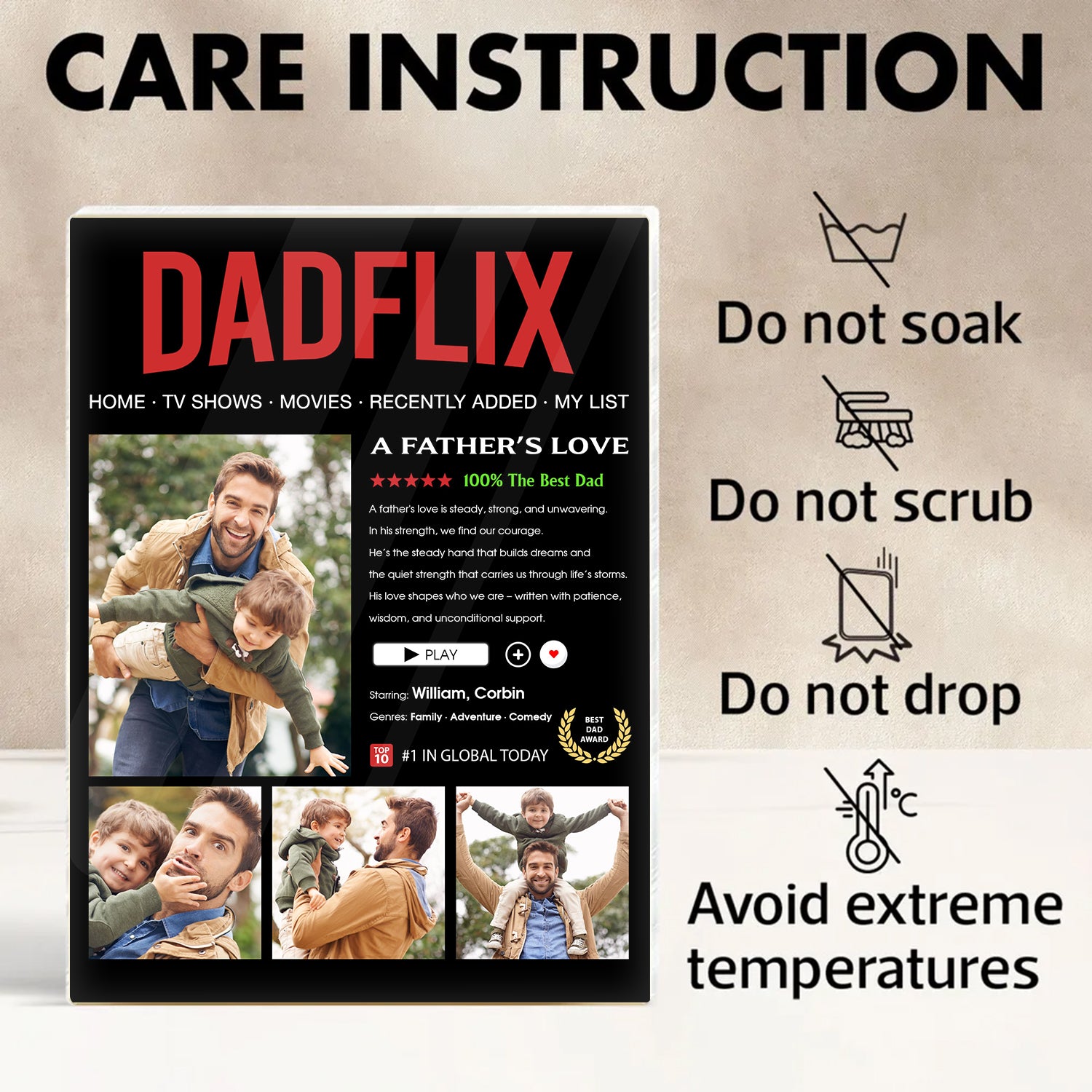 Dadflix - Custom Photo and Name Personalized Acrylic Block Plaque