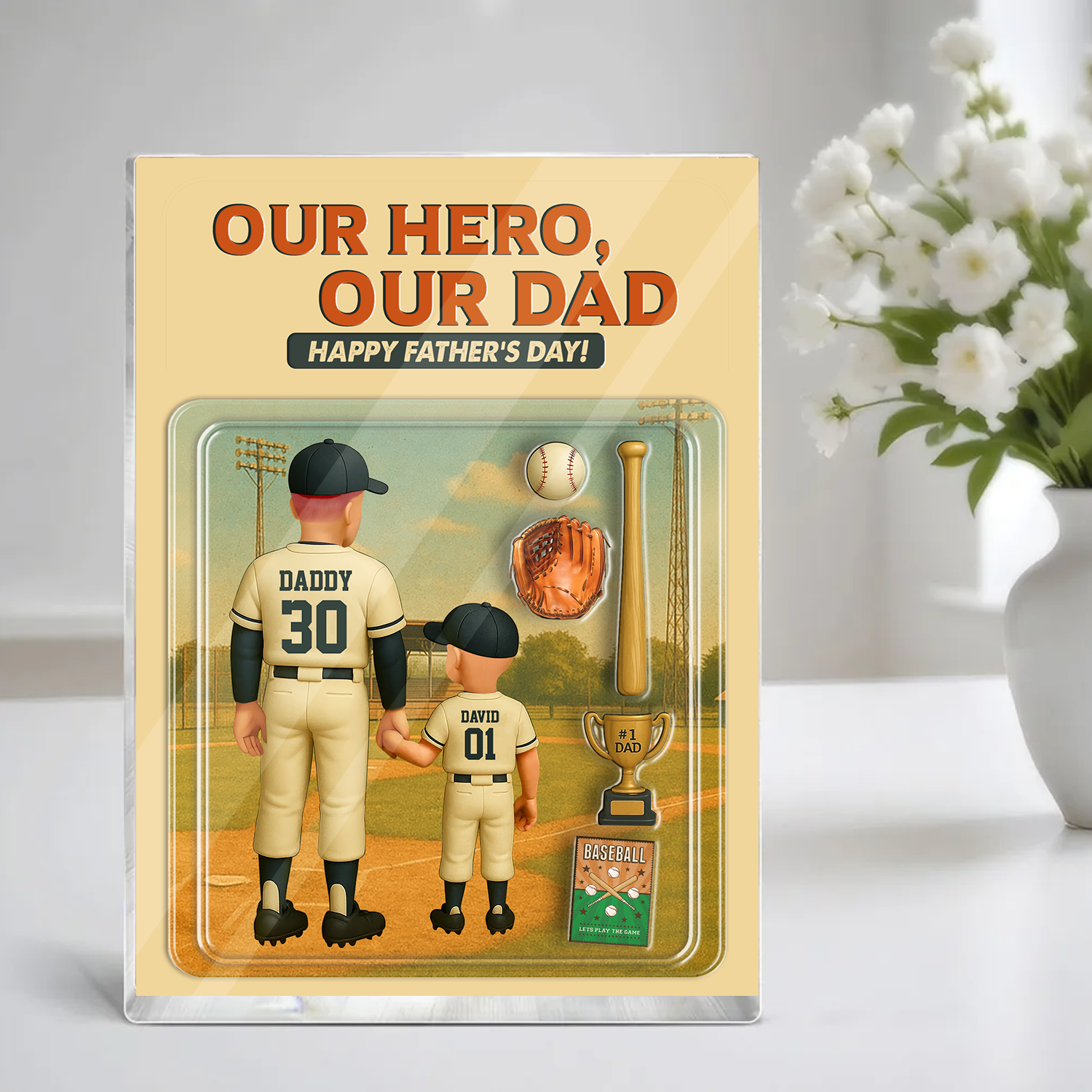 Caught The Best Dad - Personalized Baseball Dad Name Gift - Custom Shape Acrylic Block Plaque