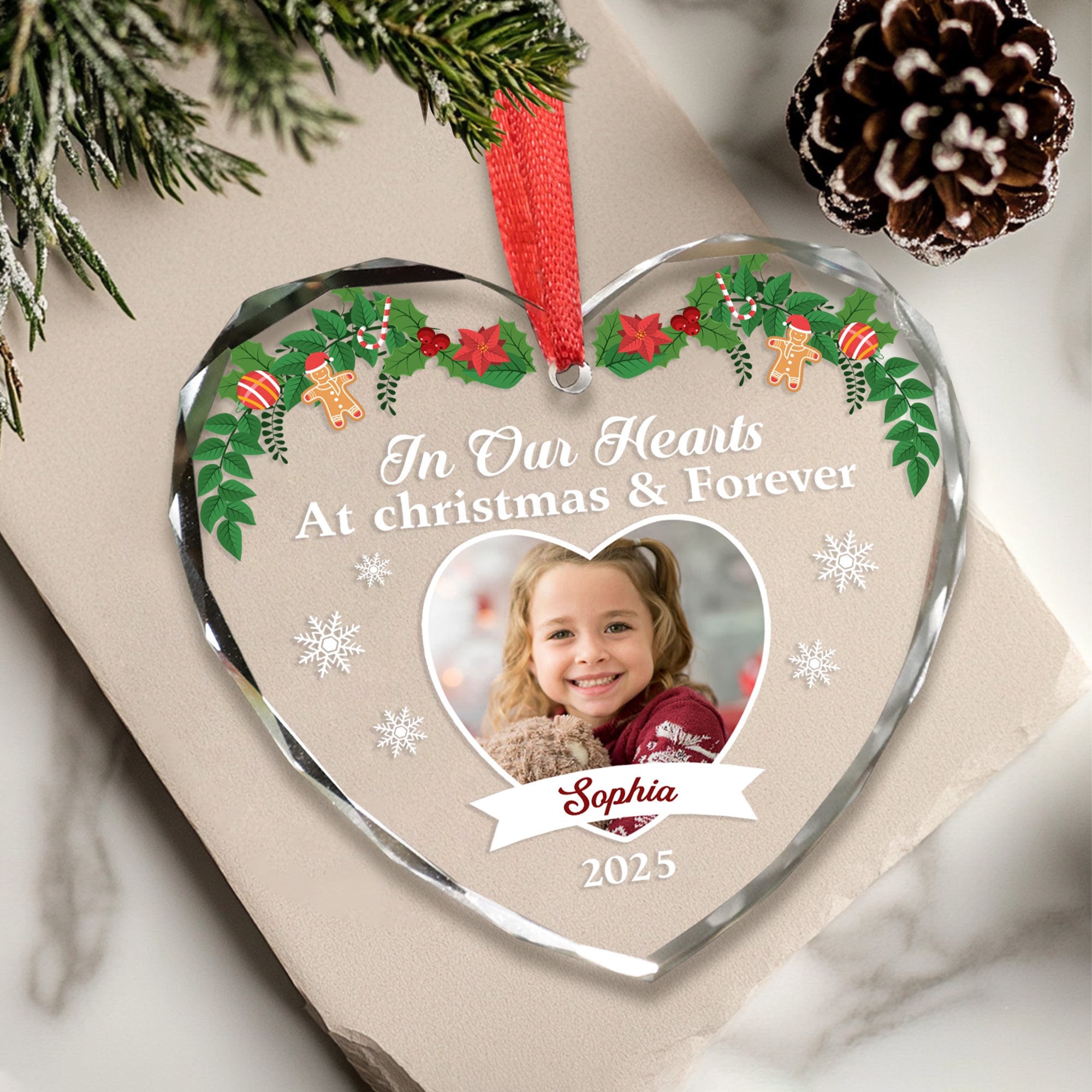 In Our Hearts - Custom Name and Photo - Personalized Glass Ornament - Memorial Gift