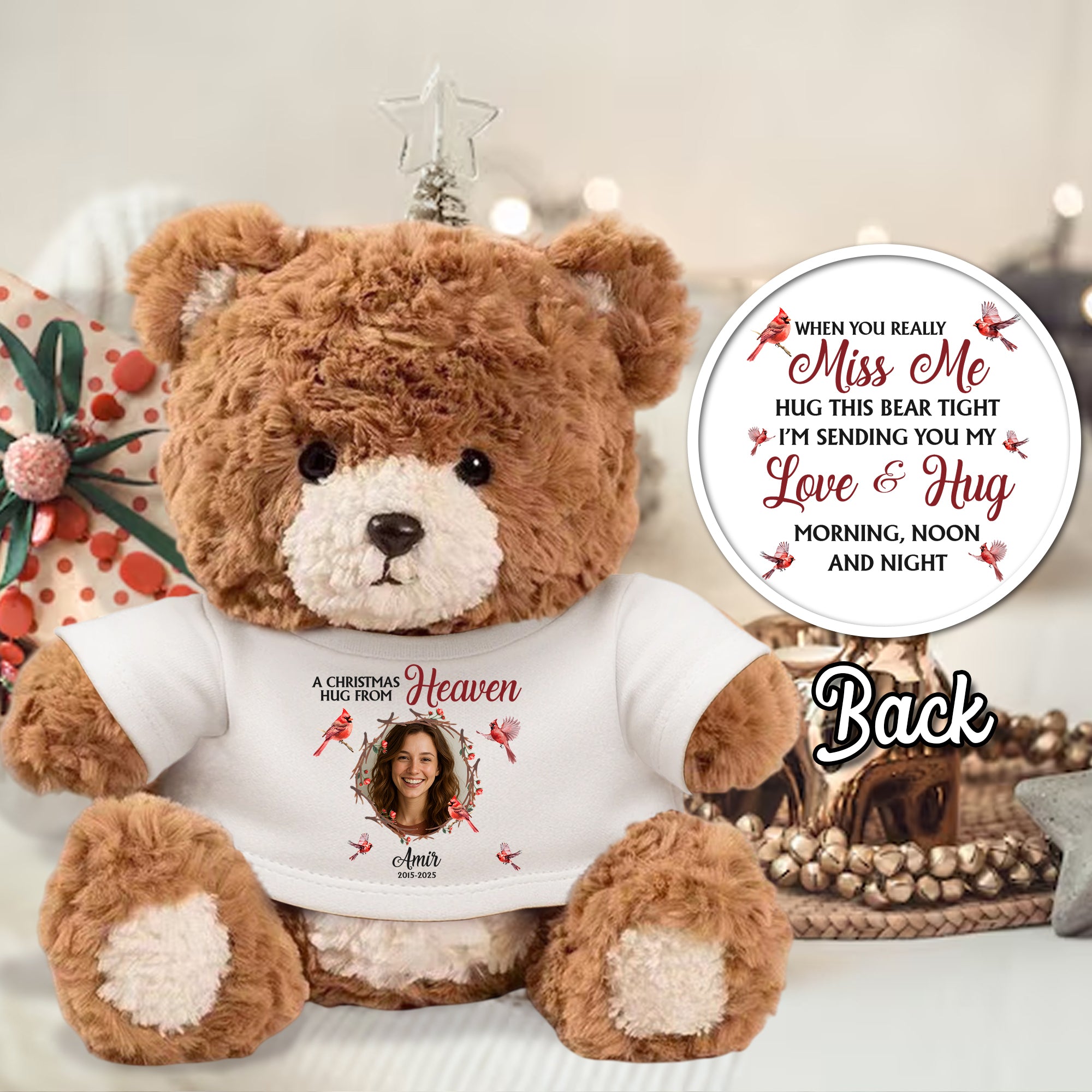 A Christmas Hug From Heaven - Memorial Bear Plush - Custom Photo Cute Bear